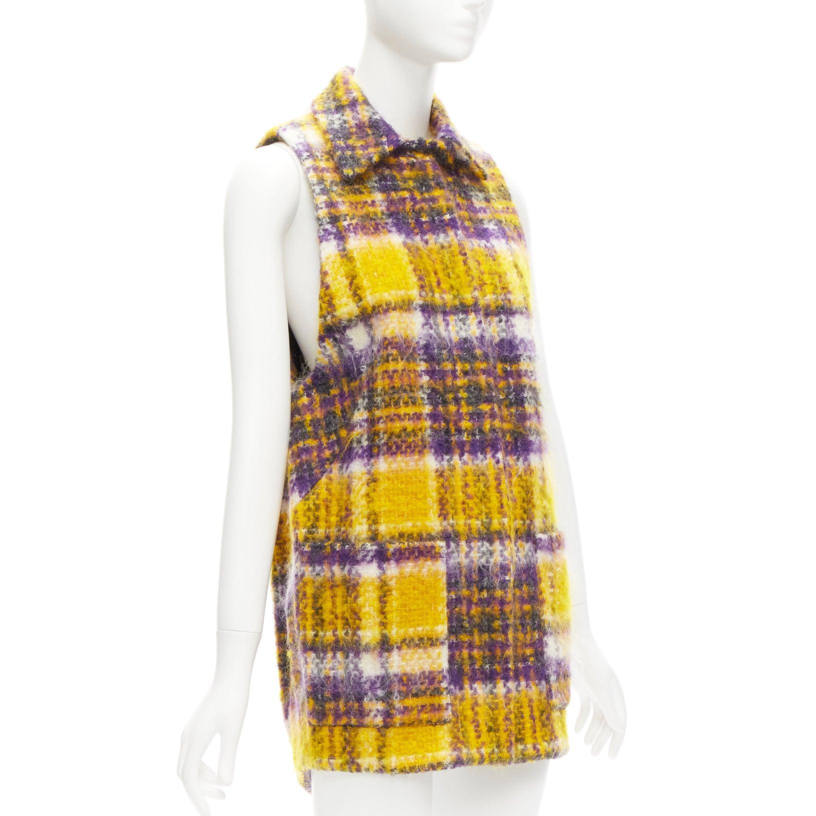 MARNI yellow purple plaid check mohair blend boxy sleeveless coat IT36 XS In Excellent Condition For Sale In Hong Kong, NT