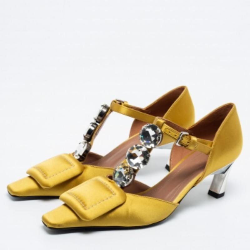 Women's Marni Yellow Satin Crystal Embellished T-Bar Pumps Size 36 For Sale