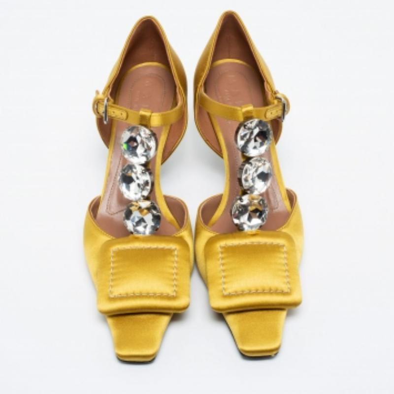 Marni Yellow Satin Crystal Embellished T-Bar Pumps Size 36 For Sale 1