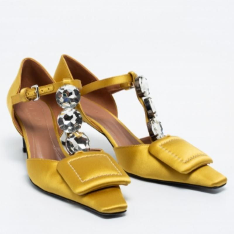 Marni Yellow Satin Crystal Embellished T-Bar Pumps Size 36 For Sale 2
