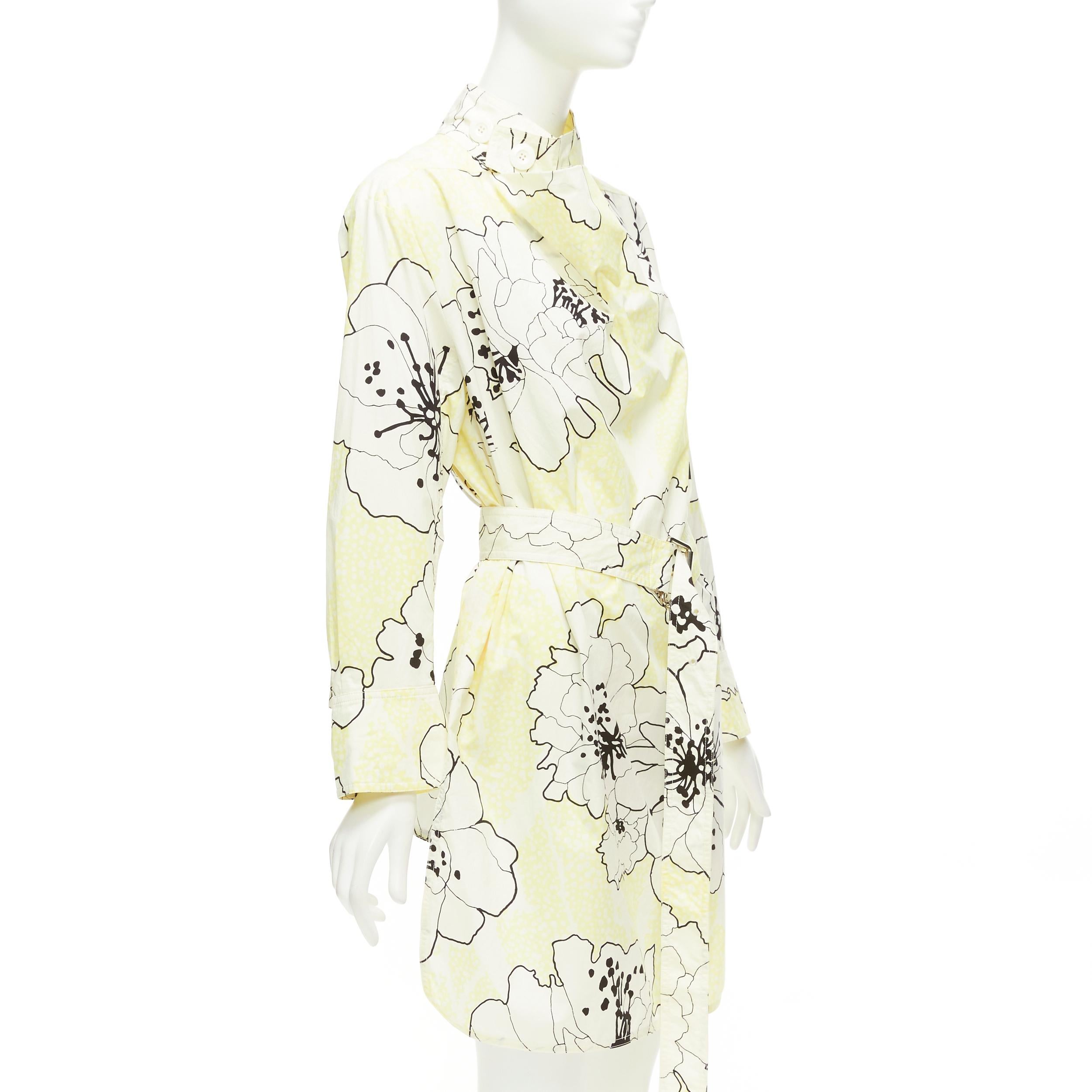 Beige MARNI yellow white 100% cotton floral print belted cowl neck dress IT36 XXS For Sale