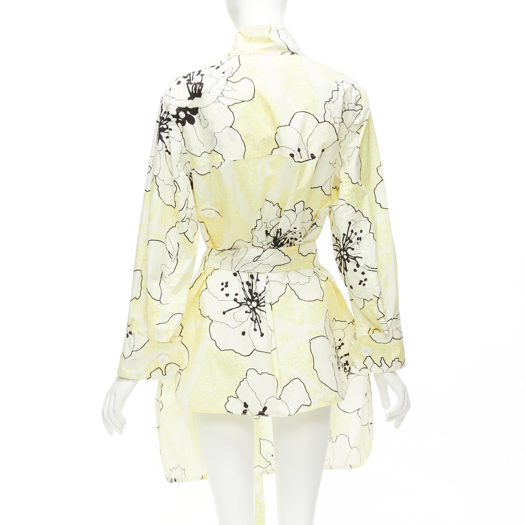 Women's MARNI yellow white 100% cotton floral print belted cowl neck dress IT36 XXS For Sale