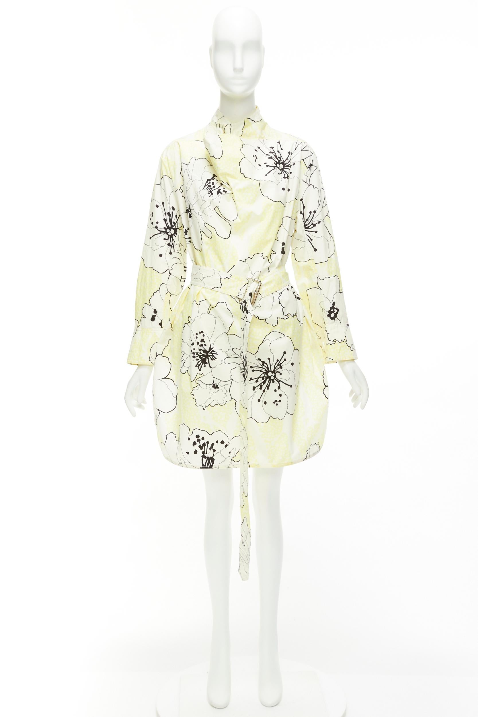 MARNI yellow white 100% cotton floral print belted cowl neck dress IT36 XXS For Sale 5