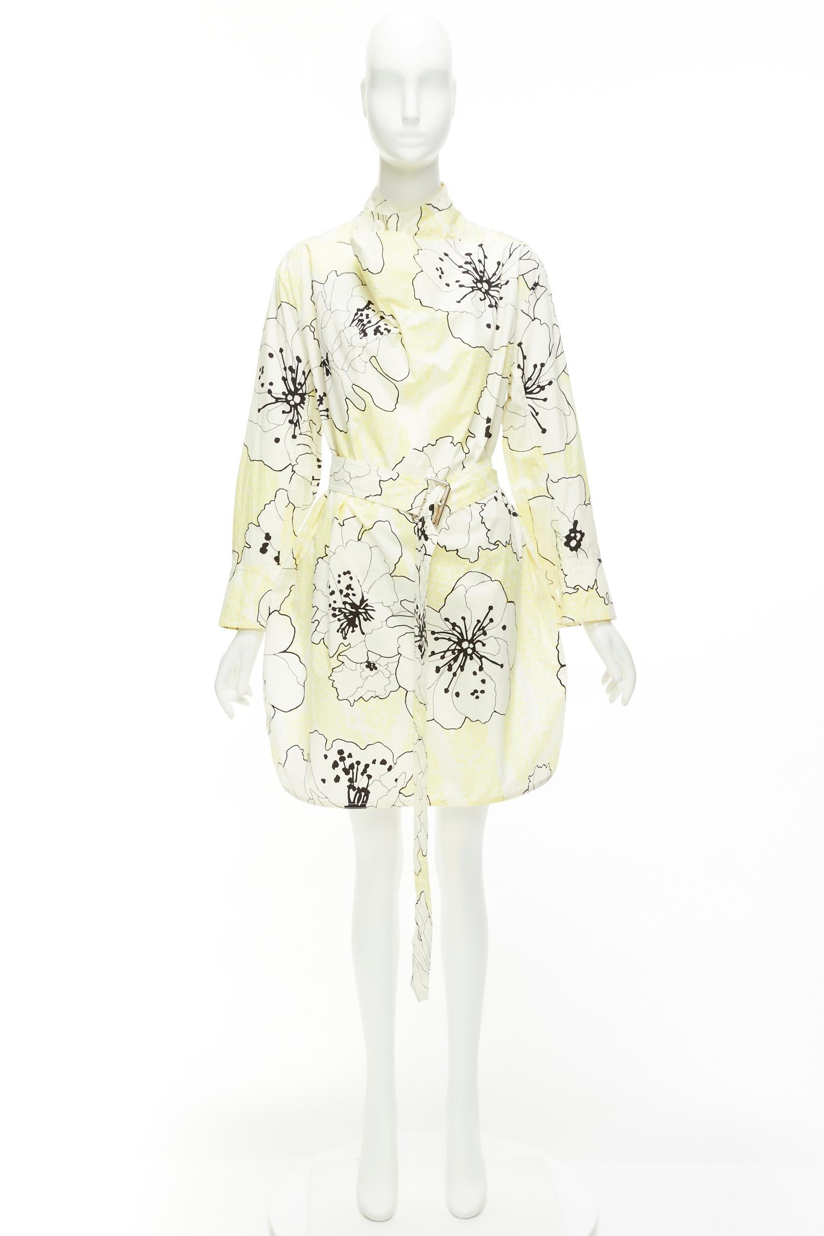 MARNI yellow white 100% cotton floral print belted cowl neck dress IT36 XXS For Sale 4