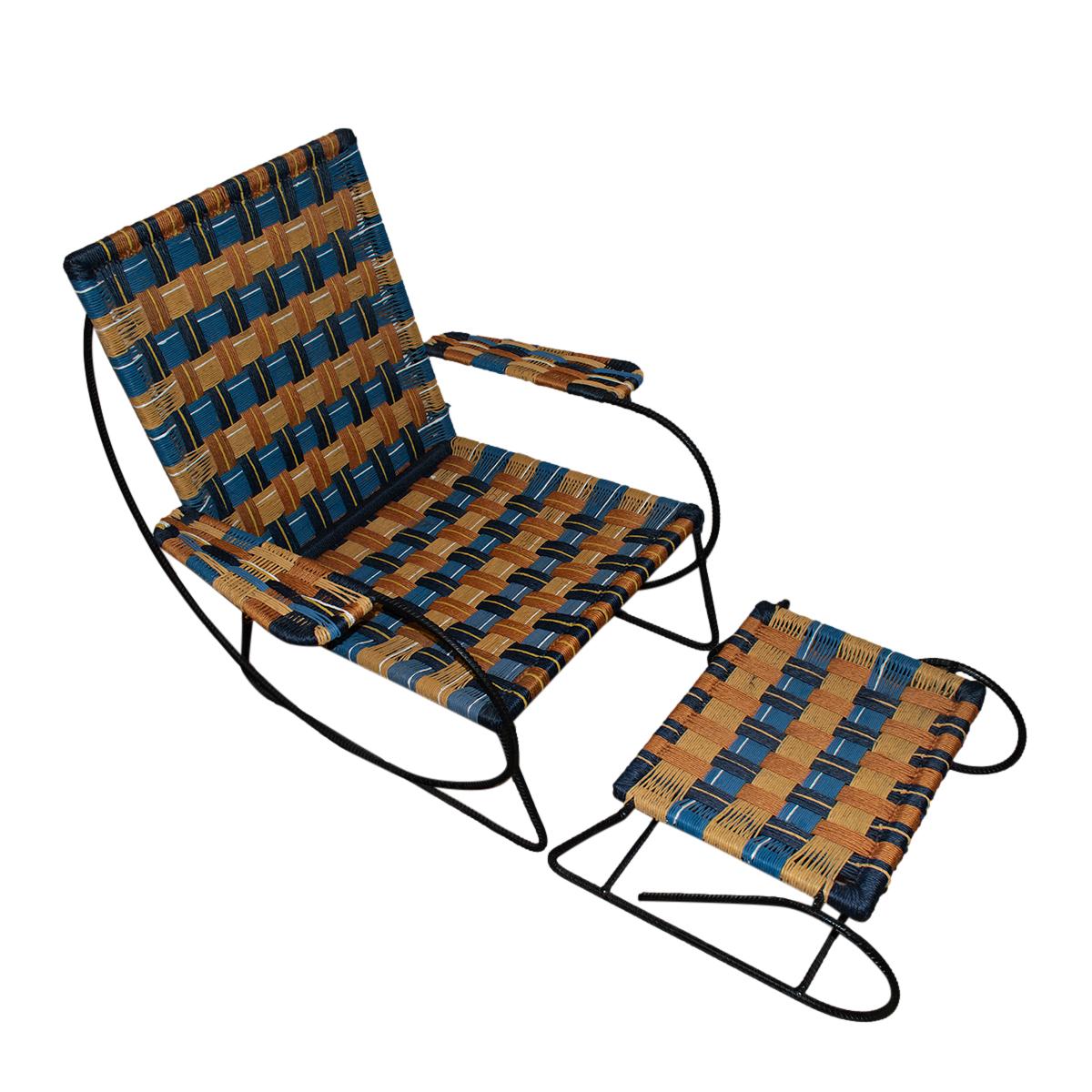 Marni Zooterico Interiors Orange & Navy Woven Twine Chair & Footstool

- Limited collection Marni x Farfetch collaboration lunched in 2020 representing 12 zodiac signs
- Woven twine in deep orange, yellow, navy and baby blue hues
- Handmade metal