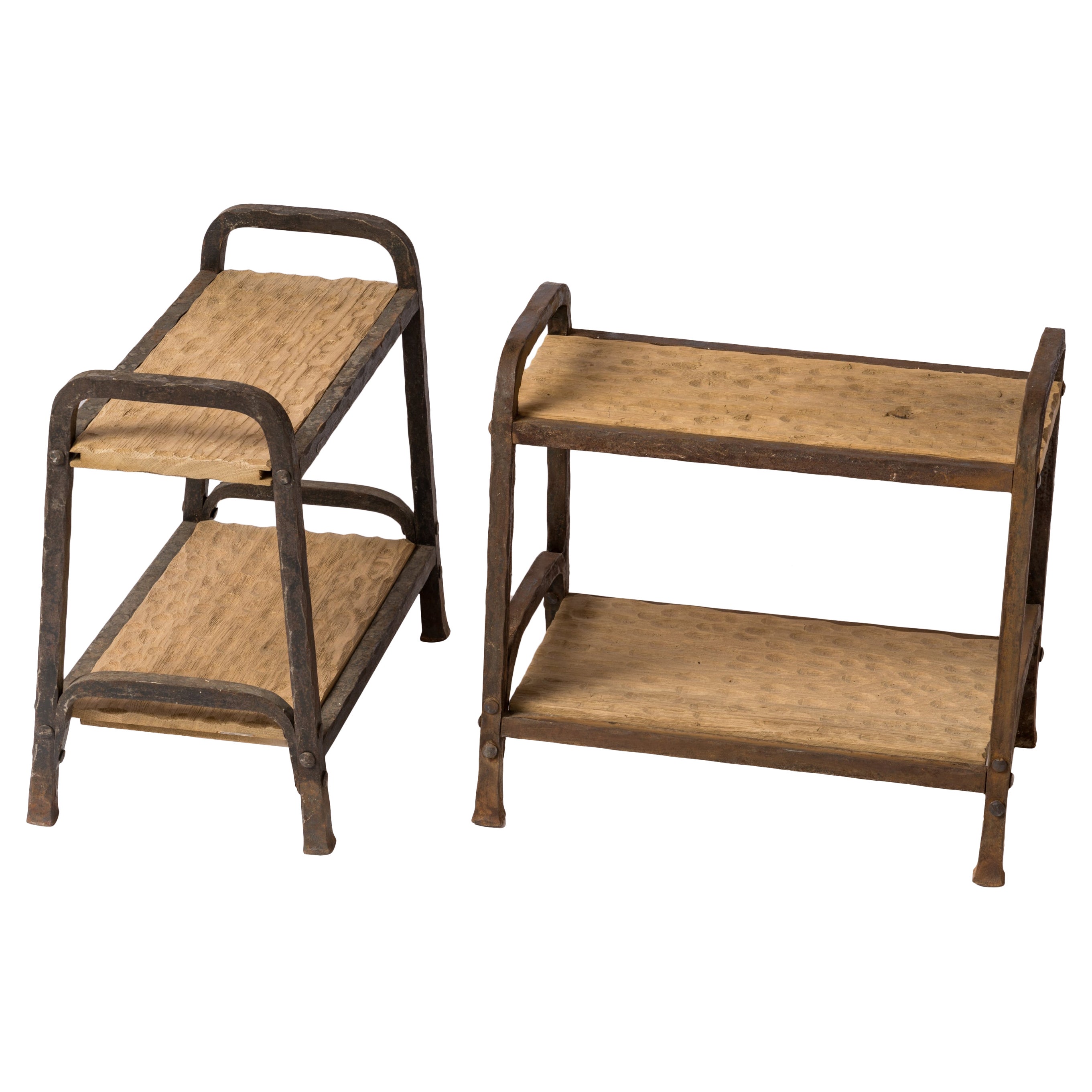 Marolles Inspired Brutalist "Gouge" Oak & Steel Side Tables - France 1970's For Sale