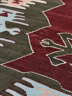 Maroon & Olive Green Turkish Kilim • Handmade Flatweave Village Rug (4×6) 1960s