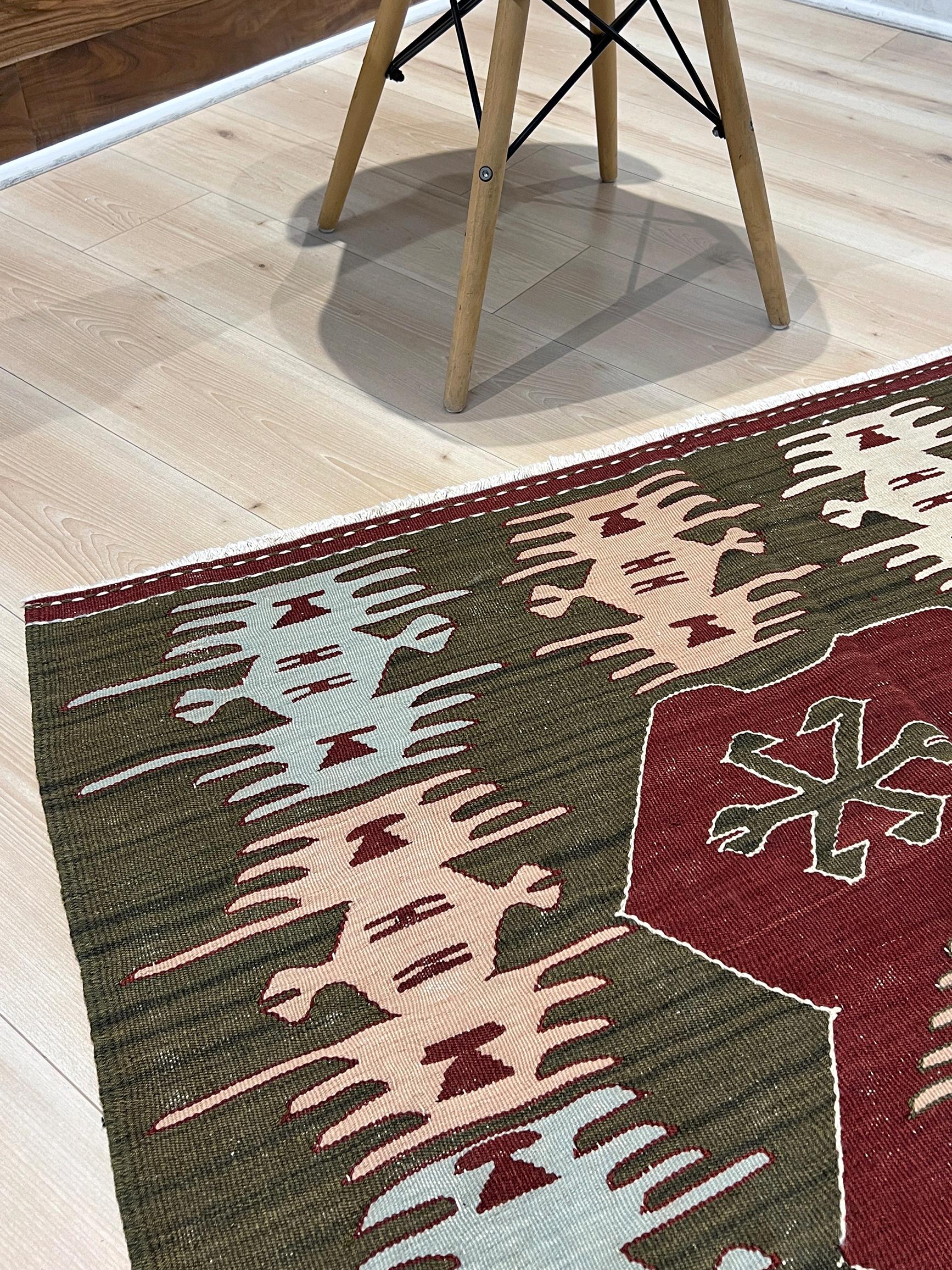 Milieu du XXe siècle Kilim turc Afyon marron • Tapis vintage tissé à la main (4′×6′) • 1960s en vente