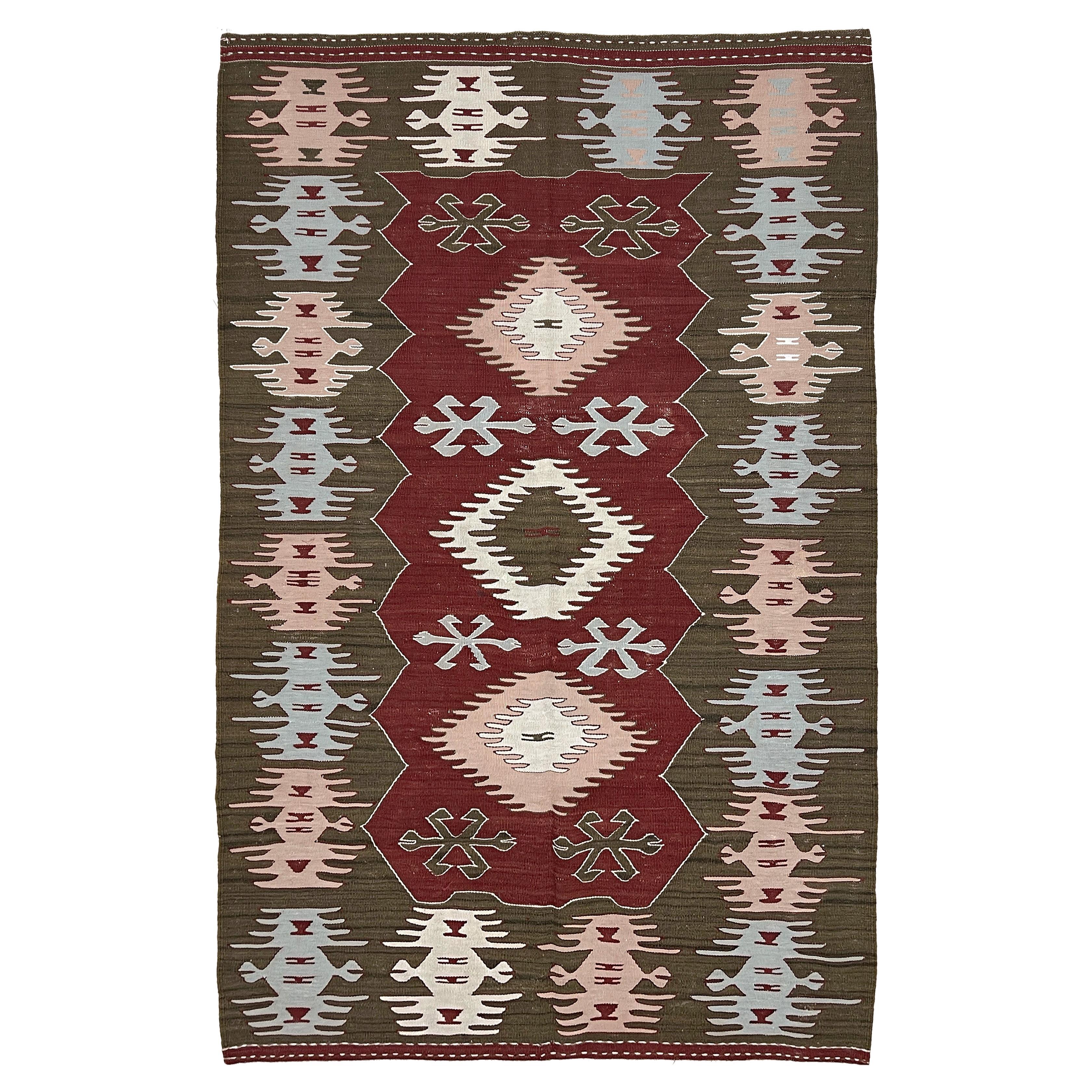 Kilim turc Afyon marron • Tapis vintage tissé à la main (4′×6′) • 1960s en vente