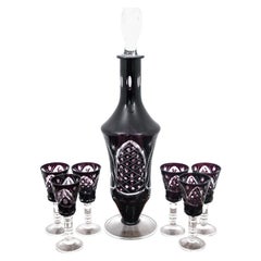 Maroon Crystal Decanter Carafe with Six Glasses, Germany, 1960s