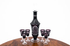 Maroon Crystal Decanter Carafe with Six Glasses, Germany, 1960s