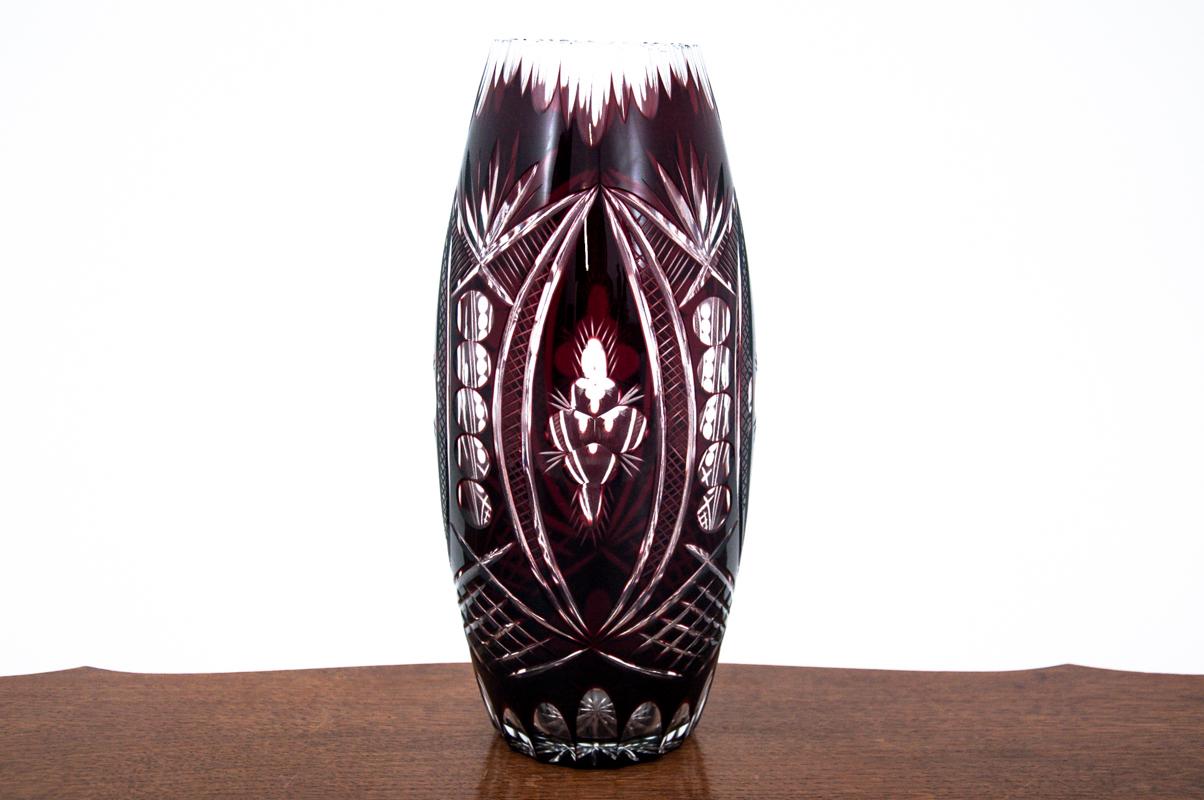 Polish Maroon crystal vase, Poland, 1960s