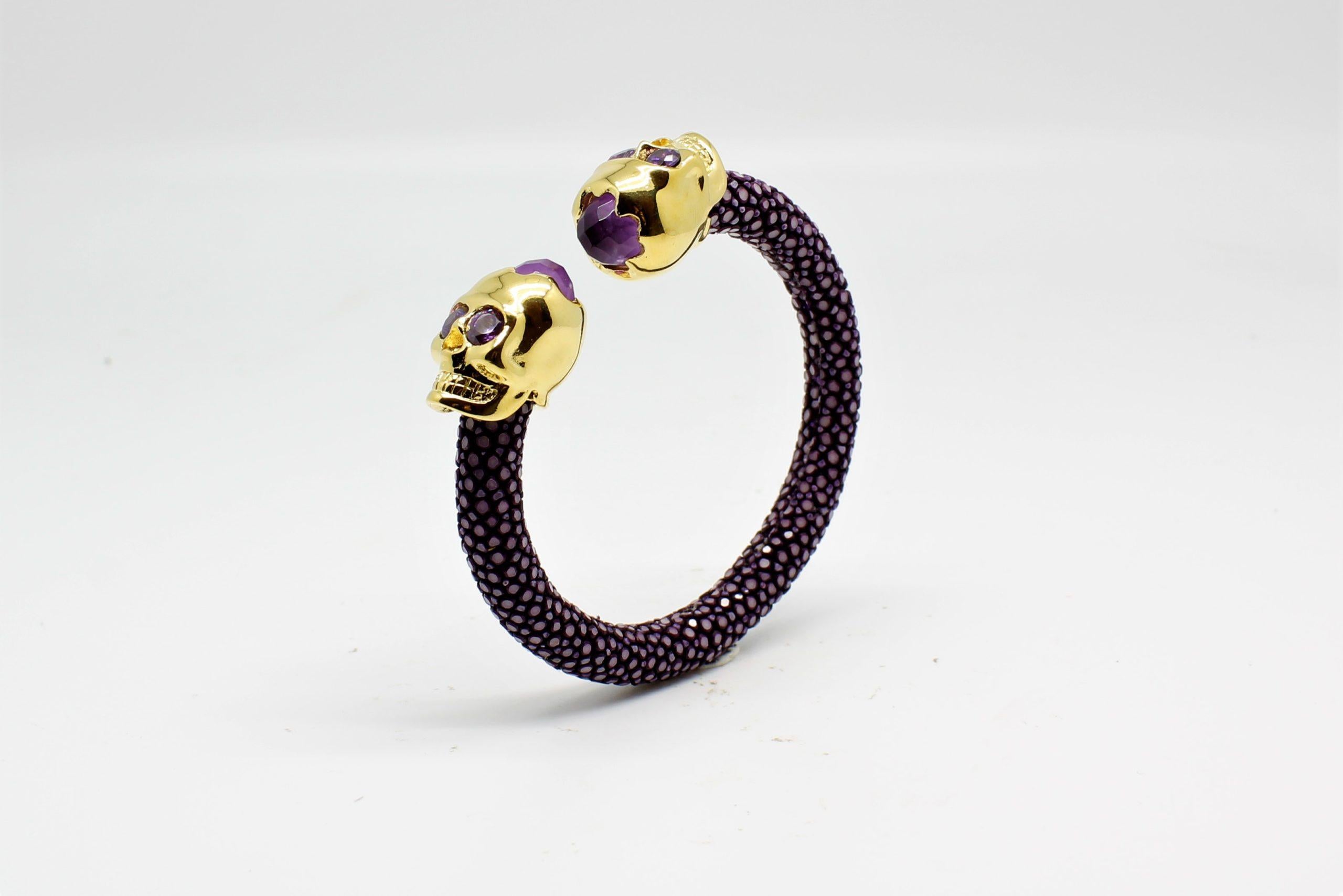 Maroon Galuchat Skin Bangle Bracelet with Skull Gold-Plated & Coral Stones 4