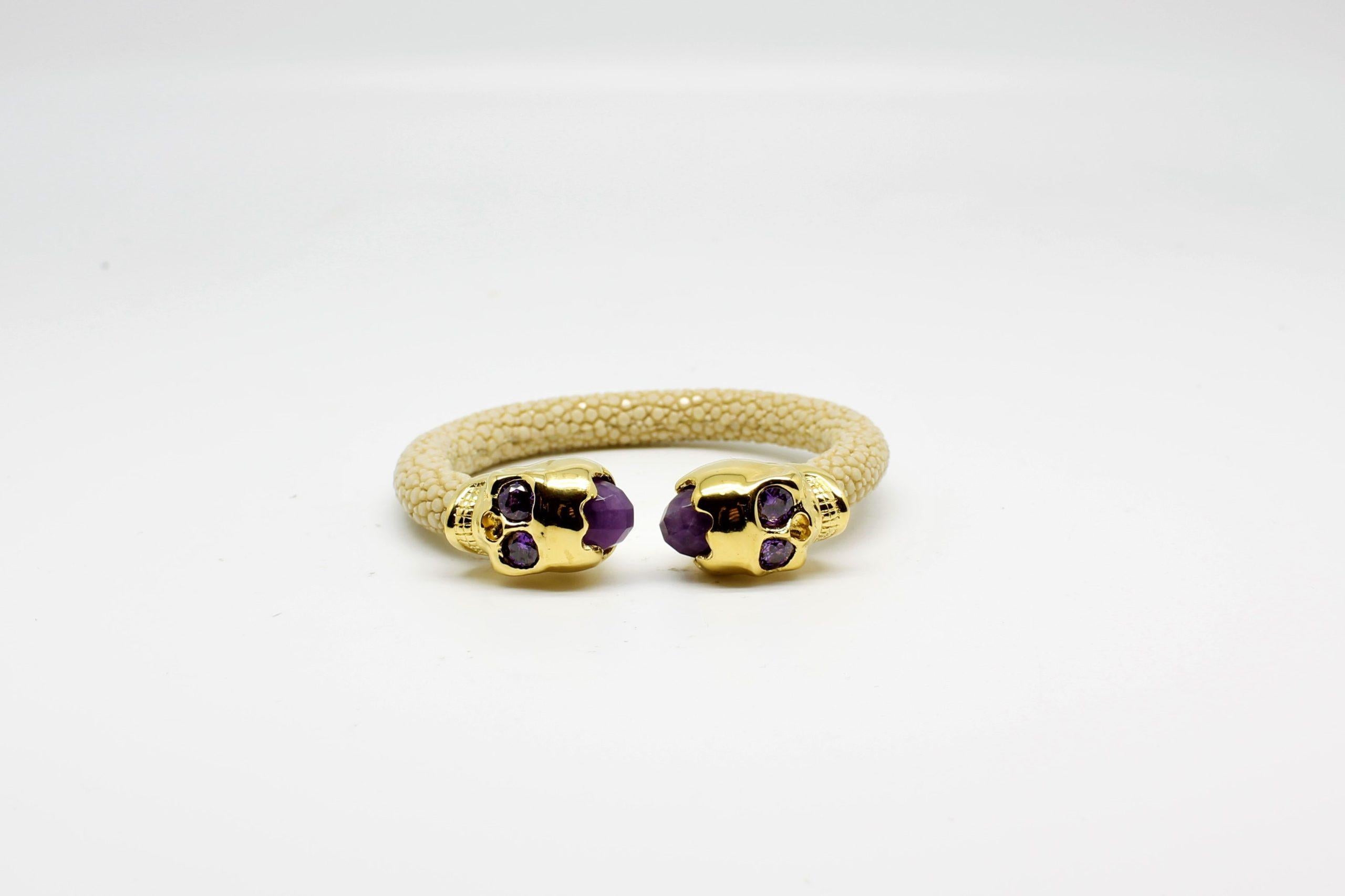 Maroon Galuchat Skin Bangle Bracelet with Skull Gold-Plated & Coral Stones 6