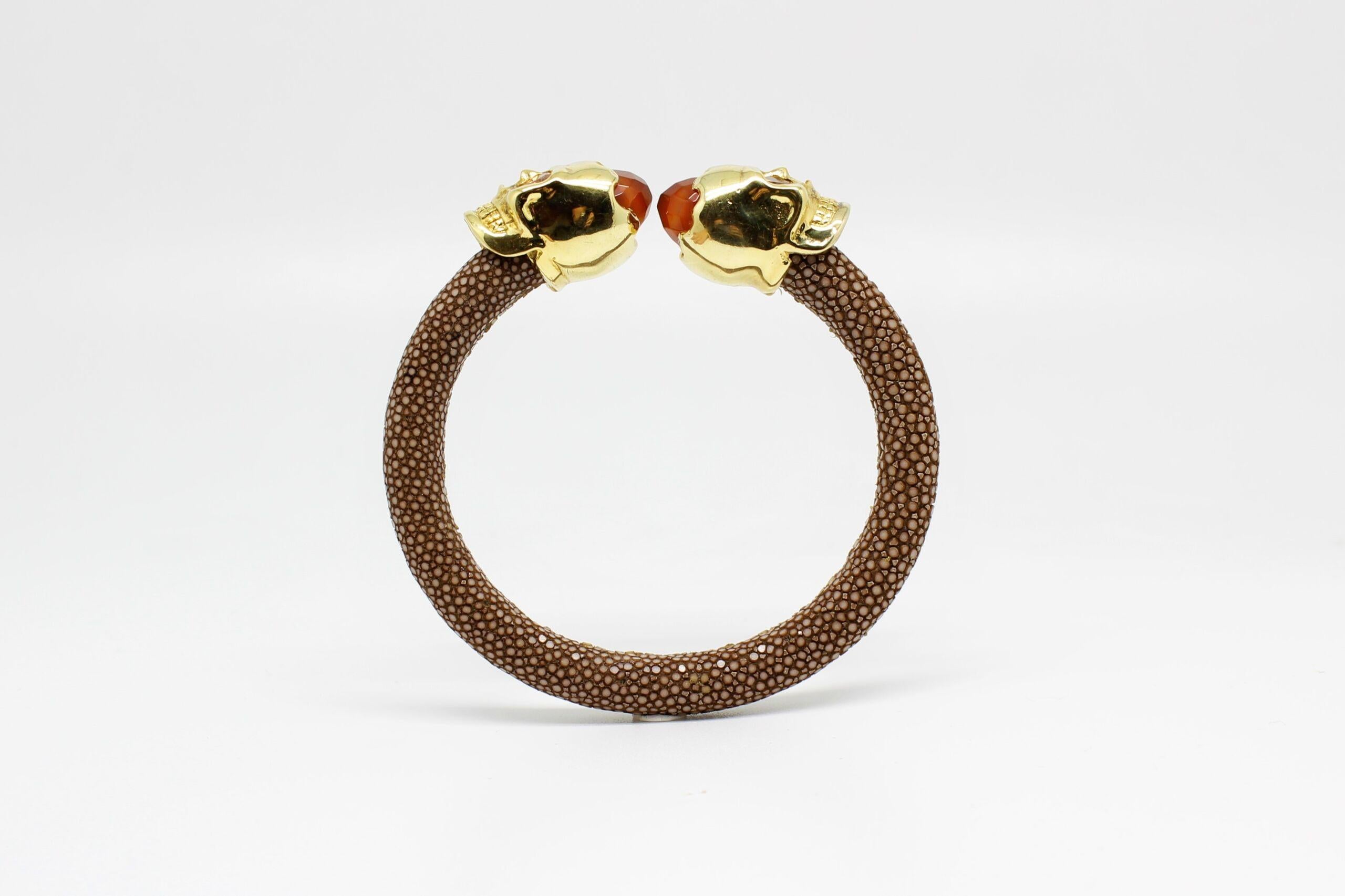 Contemporary Maroon Galuchat Skin Bangle Bracelet with Skull Gold-Plated & Coral Stones