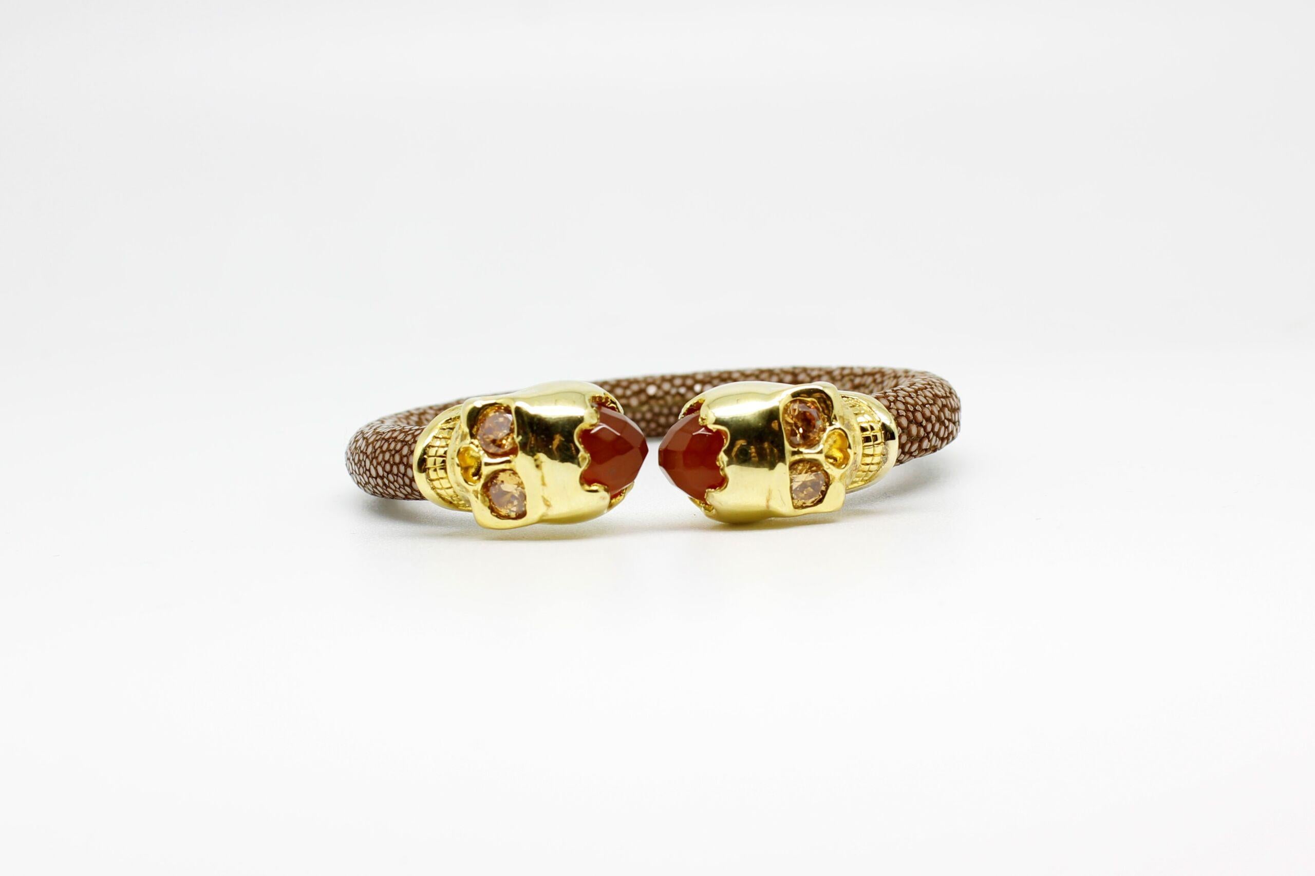Round Cut Maroon Galuchat Skin Bangle Bracelet with Skull Gold-Plated & Coral Stones