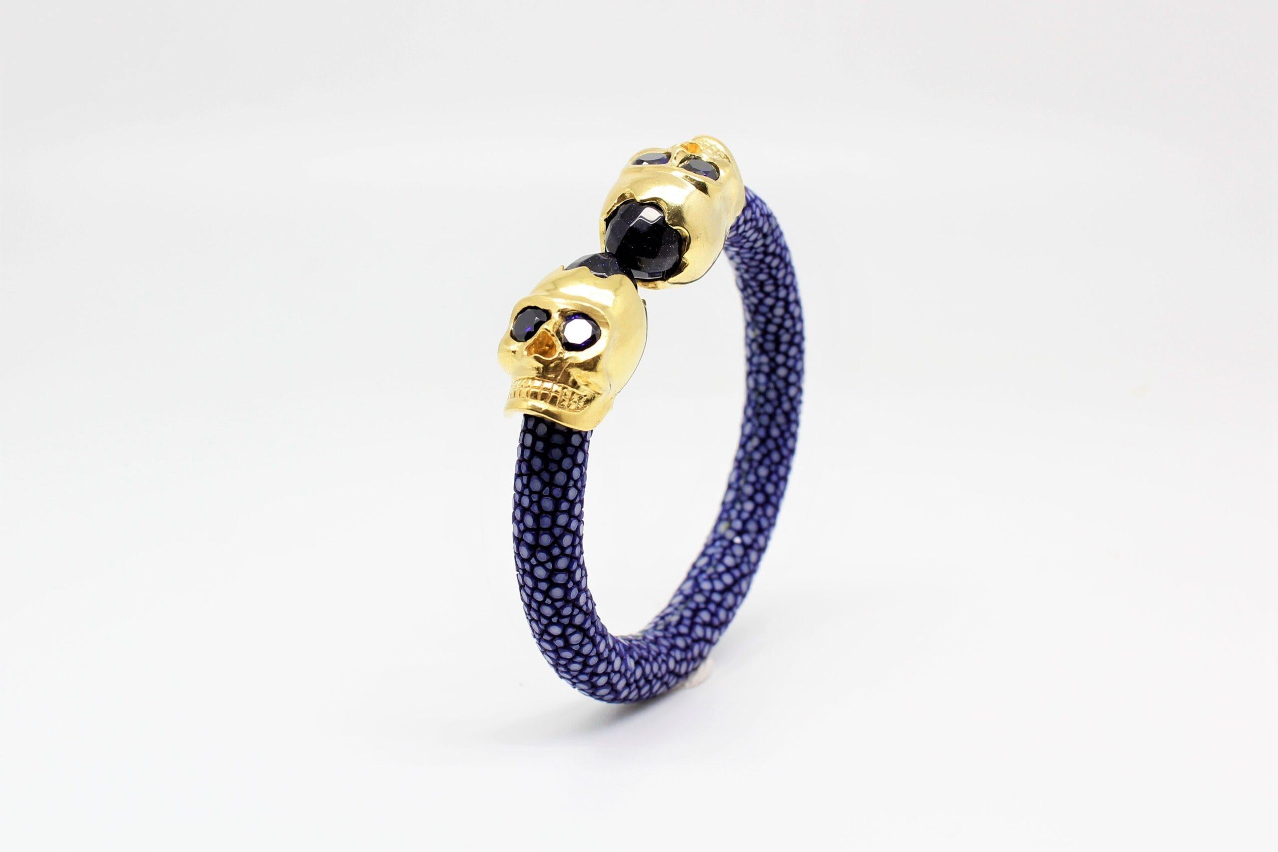 Women's or Men's Maroon Galuchat Skin Bangle Bracelet with Skull Gold-Plated & Coral Stones