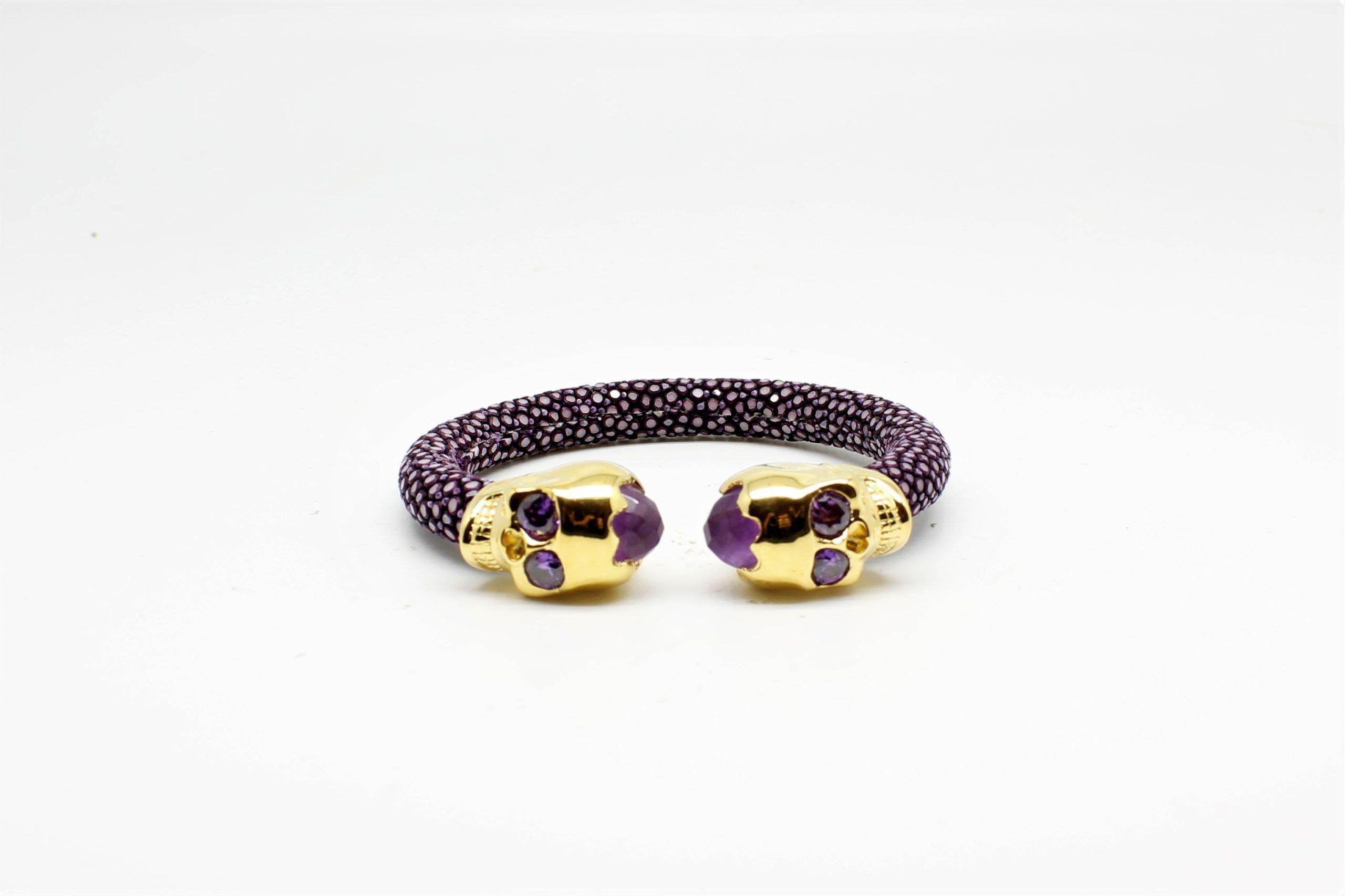 Maroon Galuchat Skin Bangle Bracelet with Skull Gold-Plated & Coral Stones 3