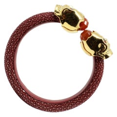 Maroon Galuchat Skin Bangle Bracelet with Skull Gold-Plated & Coral Stones