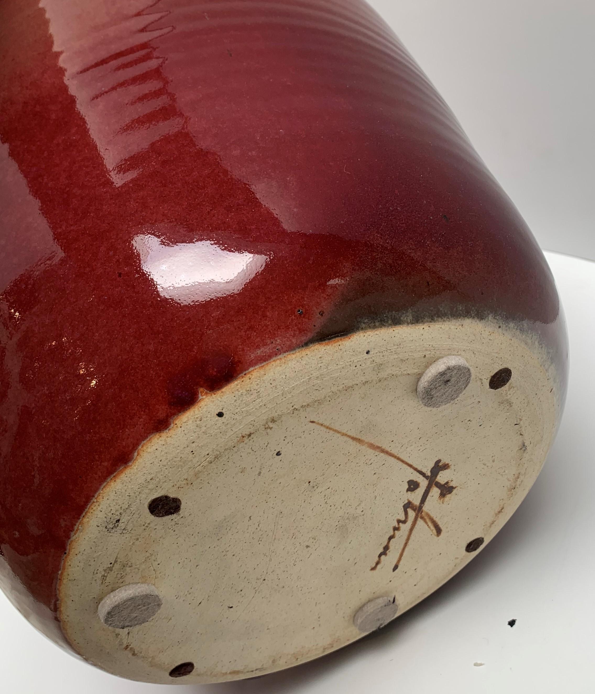 Maroon Glazed Ceramic Vessel Signed by Artist In Good Condition For Sale In Los Angeles, CA