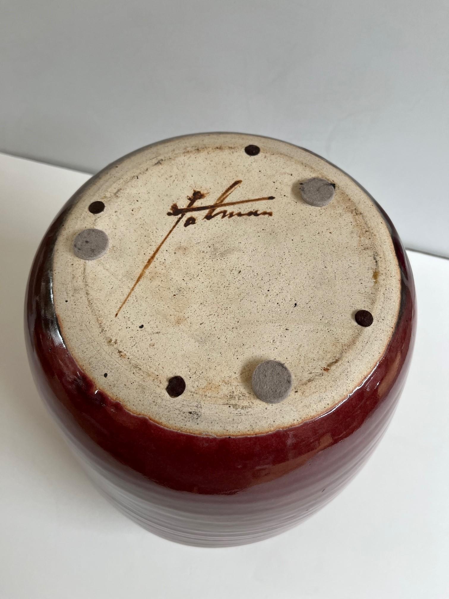Maroon Glazed Ceramic Vessel Signed by Artist For Sale 2