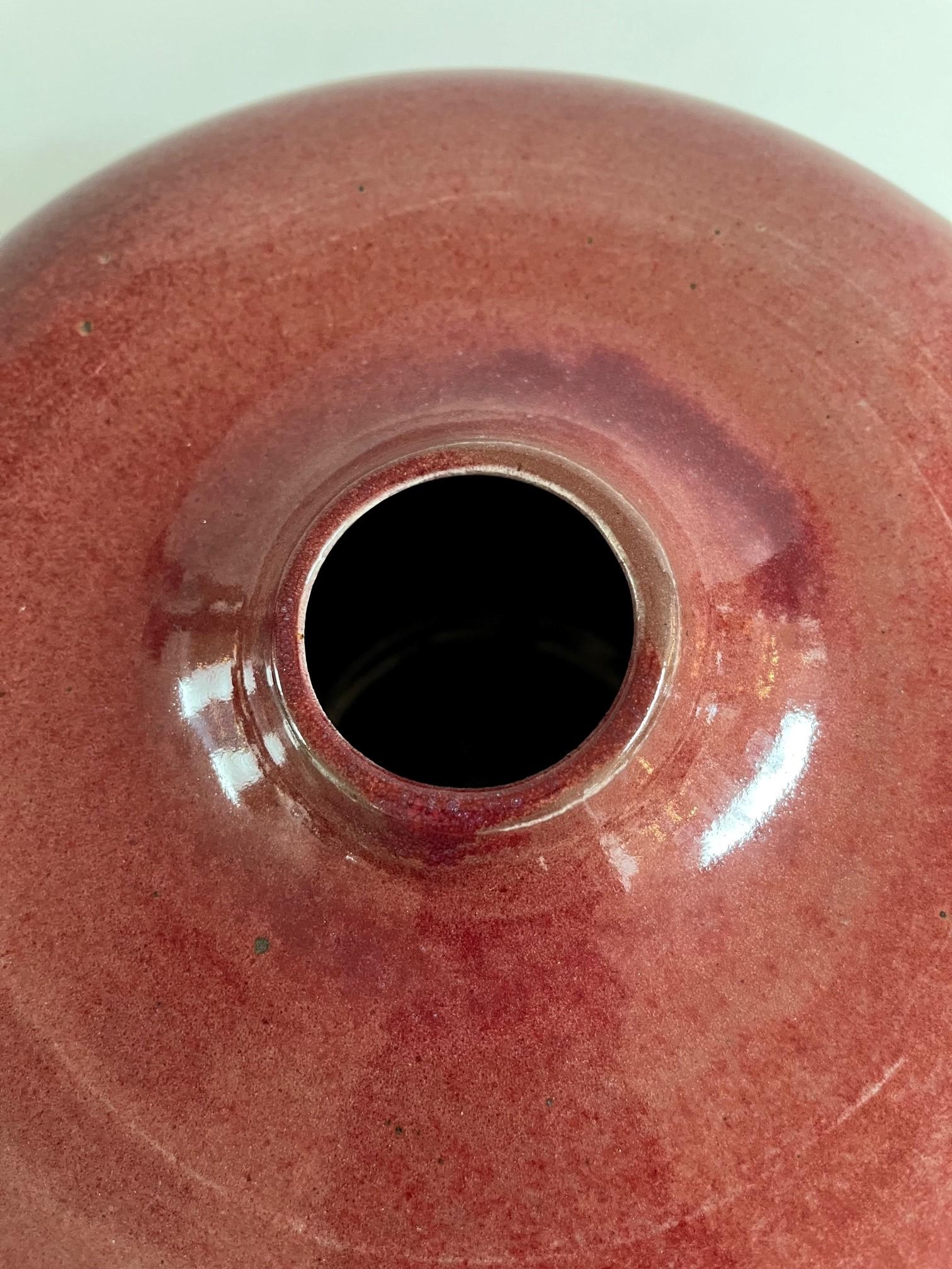 20th Century Maroon Glazed Ceramic Vessel Signed by Artist For Sale