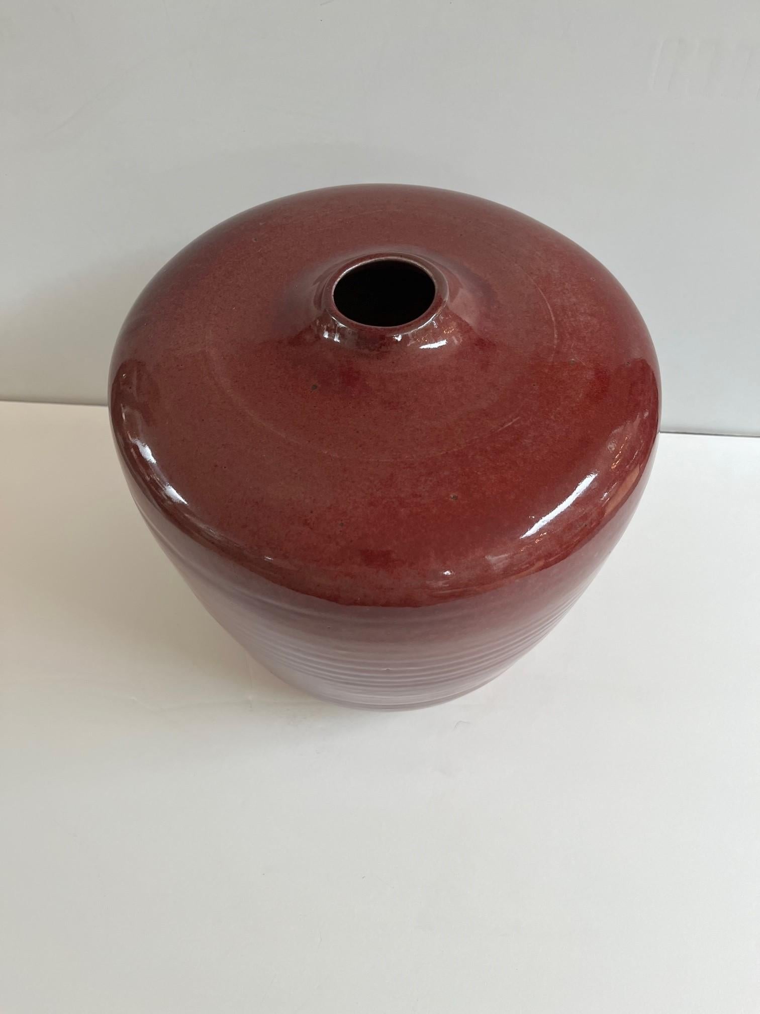 Maroon Glazed Ceramic Vessel Signed by Artist For Sale 1