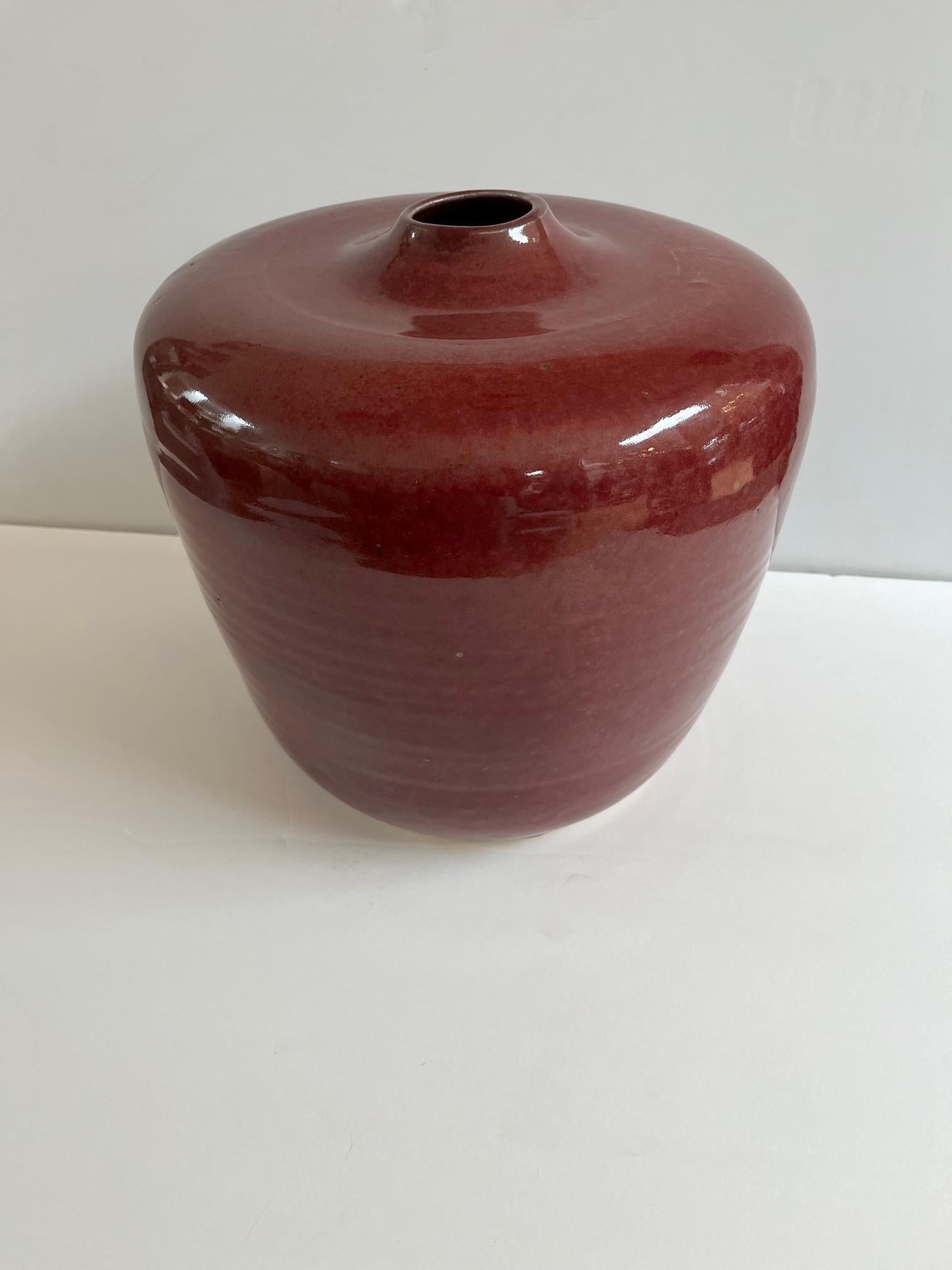 Arts and Crafts Vintage Maroon Glazed Handcrafted Ceramic Vessel Vase Signed by Artist Folman For Sale