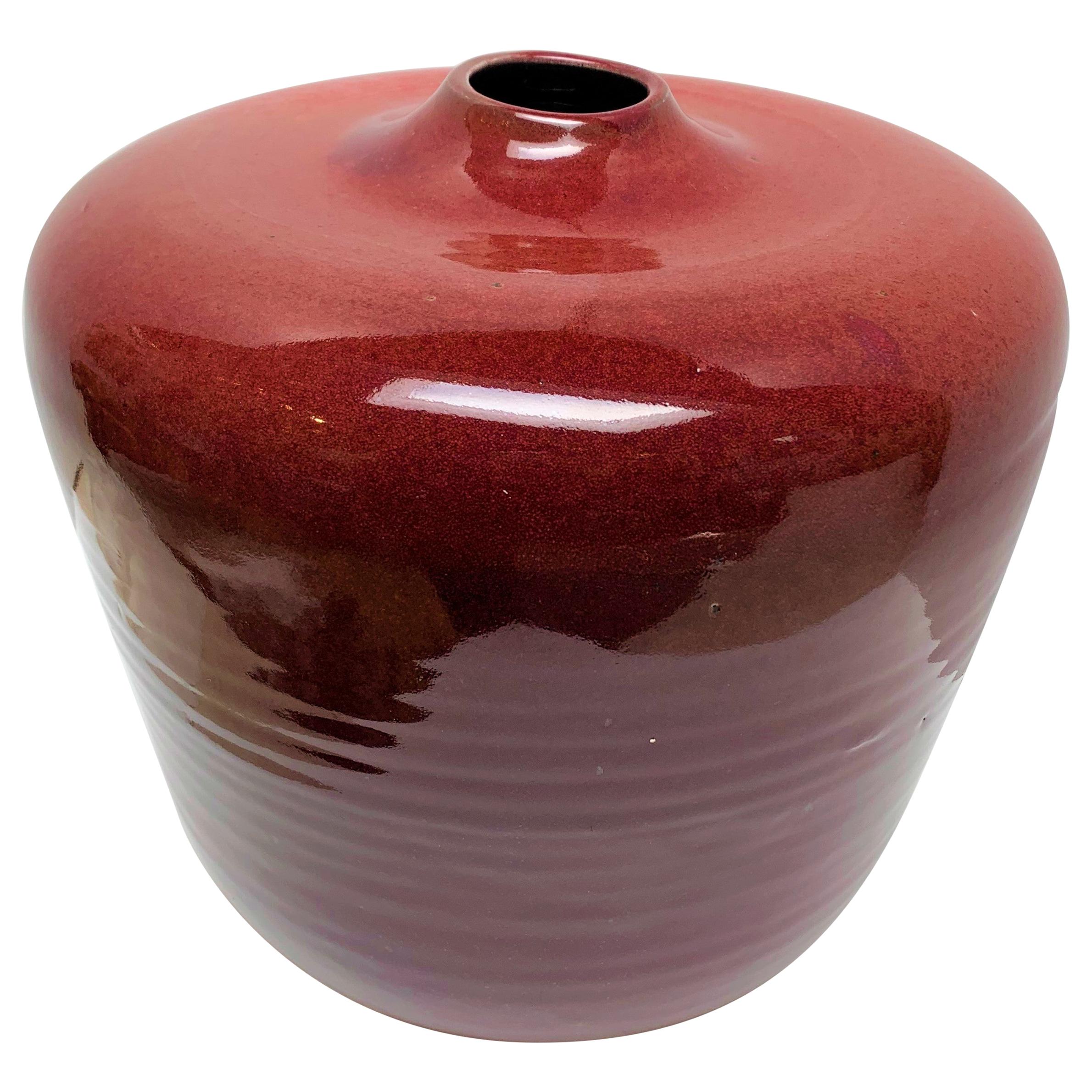 Maroon Glazed Ceramic Vessel Signed by Artist For Sale