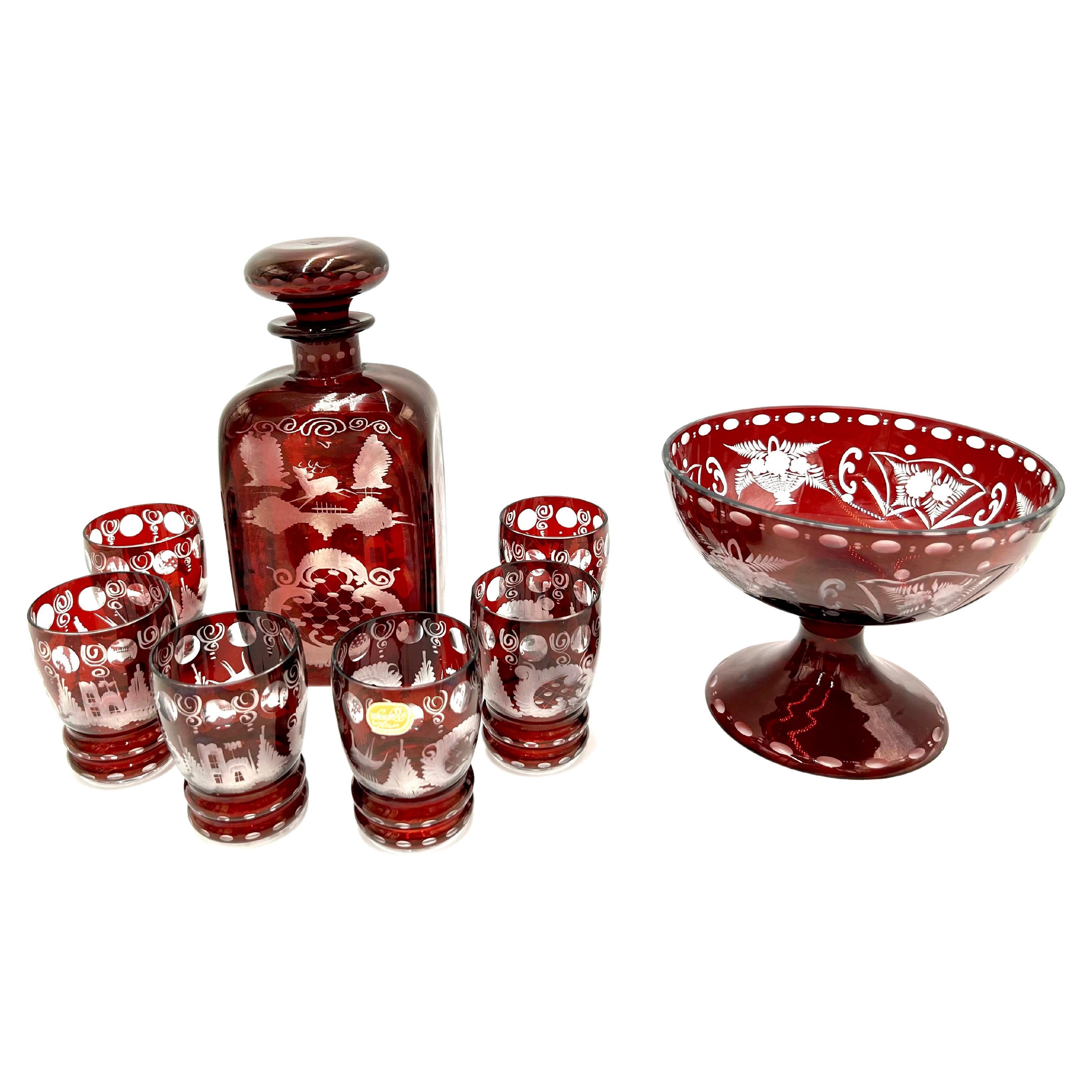 Maroon Liqueur Set, Bohemia, Czech Republic, 1960s For Sale