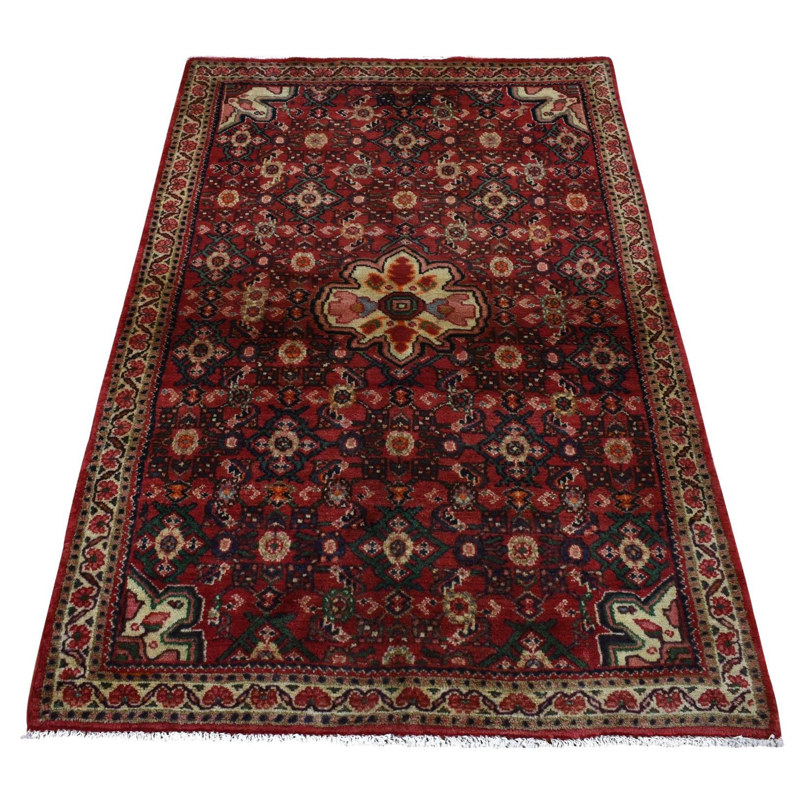 Maroon Red Vintage Fish Mahi Herat Design Clean Hand Knotted Pure Wool Rug For Sale