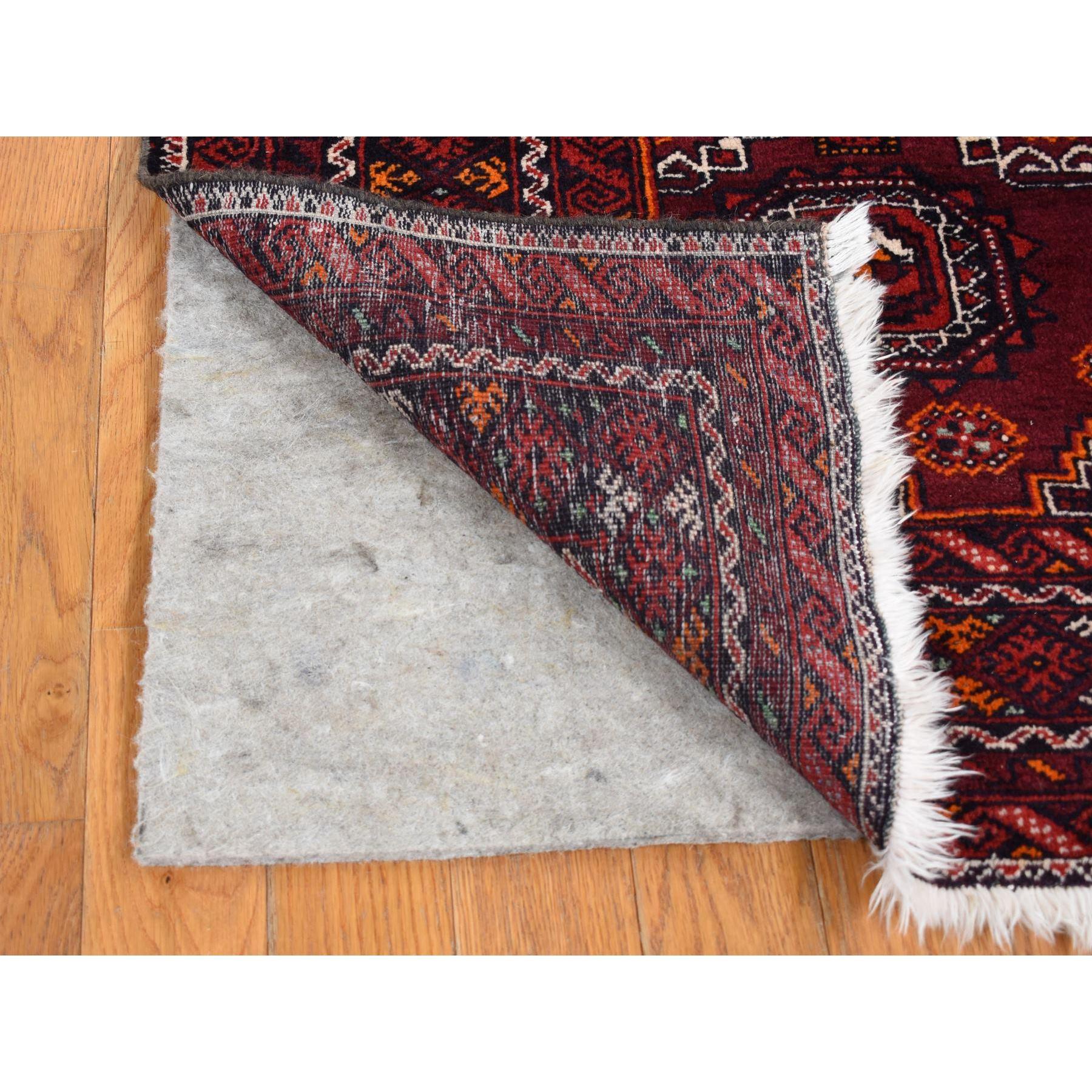 Medieval Maroon Red Vintage Tourkaman Bokara Gul Motif Pure Wool Hand Knotted Runner Rug For Sale