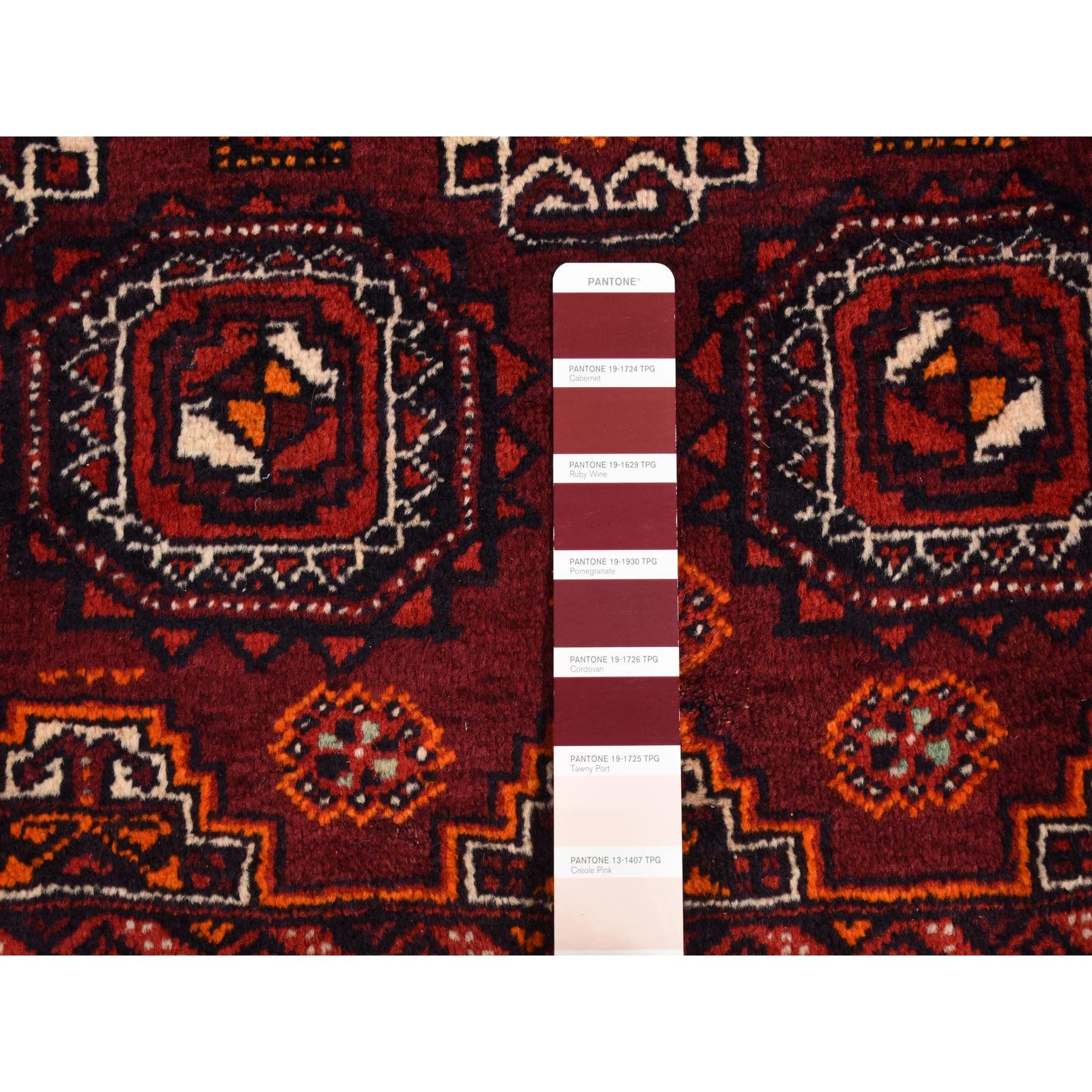 Hand-Knotted Maroon Red Vintage Tourkaman Bokara Gul Motif Pure Wool Hand Knotted Runner Rug For Sale