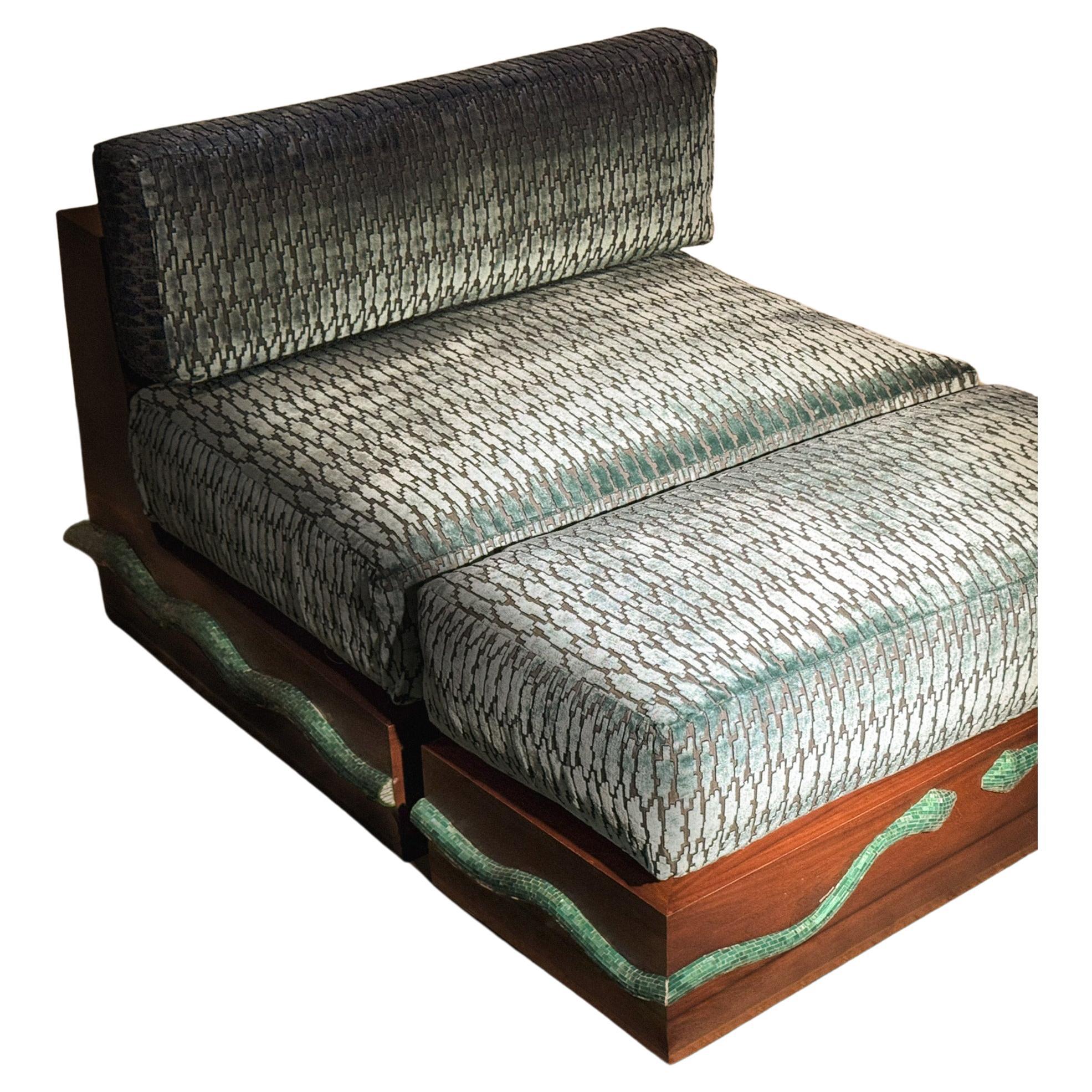 Marpish Modular Sofa with Pouf in Walnut with Green Mirror  by VandaVee