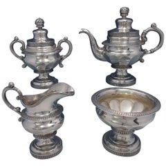Marquand and Co Coin Silver Tea Set of 4-Piece Leaf Bead Border Flower Finials