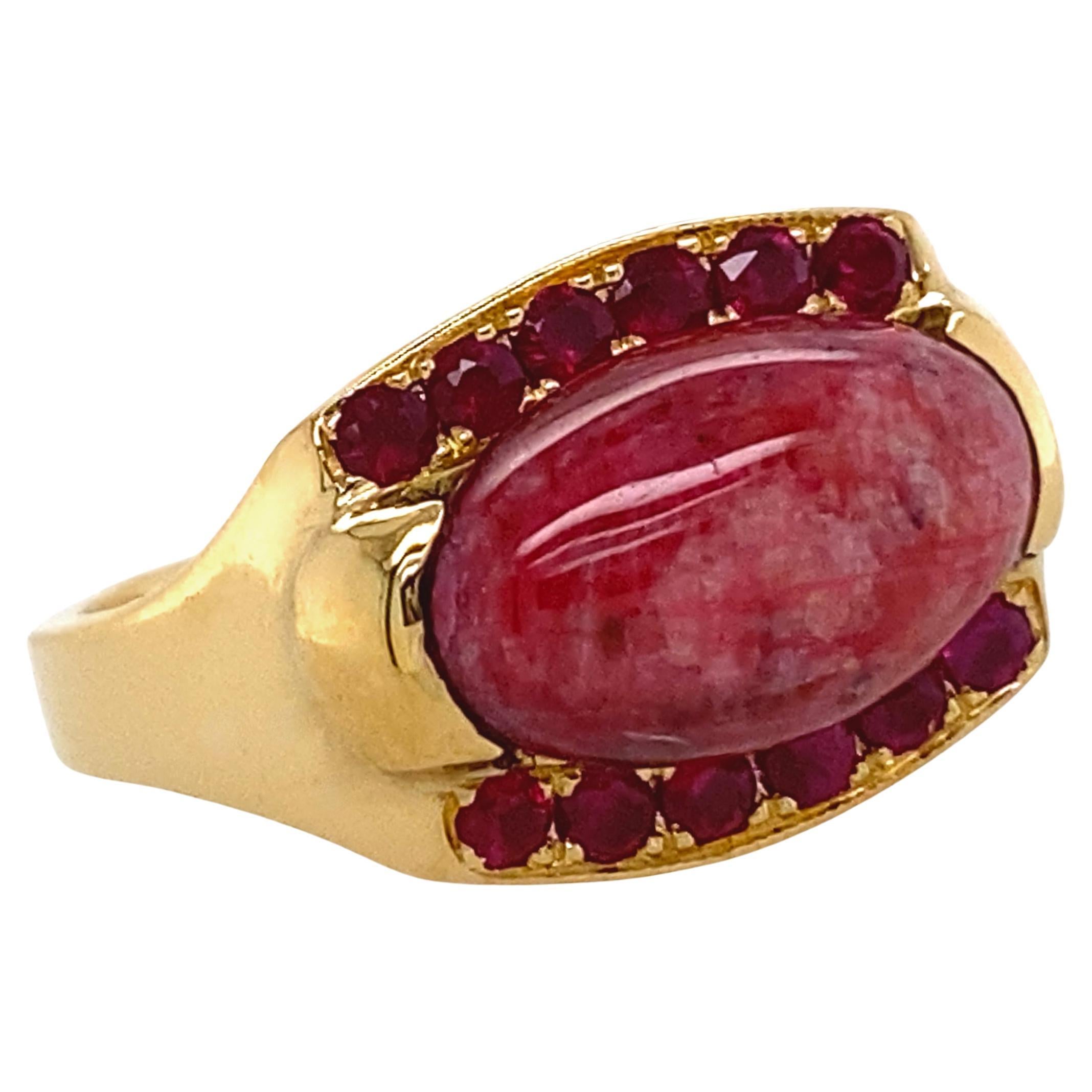"Marquee" Ring with Raw Ruby Cabochon Between Rows of Faceted Rubies in 18K Gold