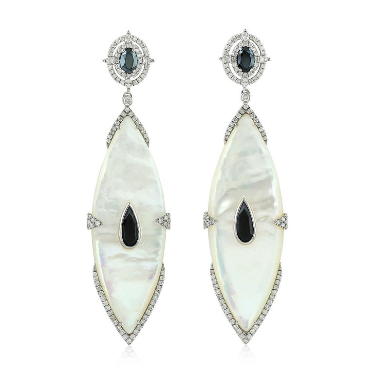 Marquee Shape Mother of Pearl Earring with Spinel and Diamonds at 1stDibs