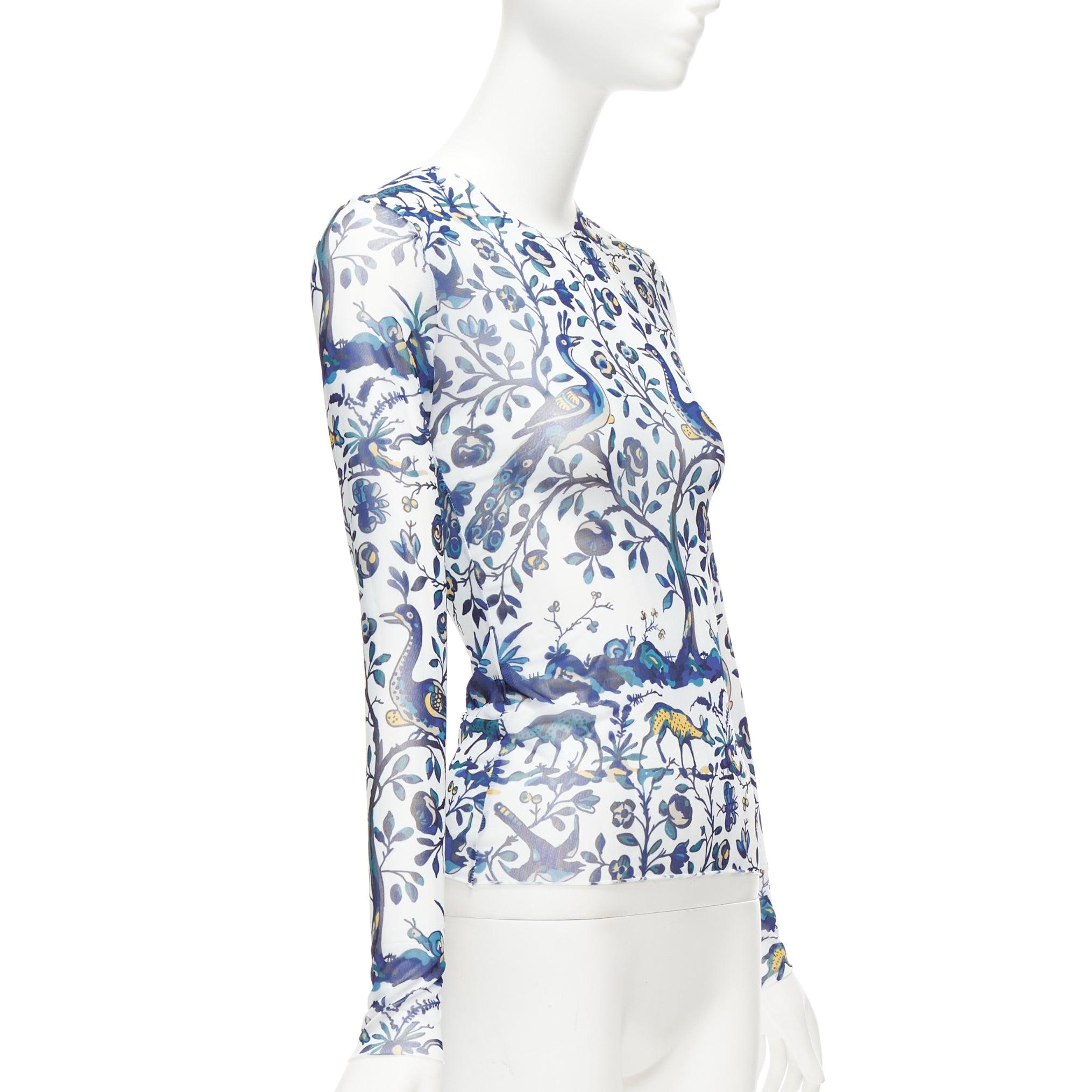MARQUES ALMEIDA blue white animal floral print mesh long sleeve top XS In Excellent Condition For Sale In Hong Kong, NT