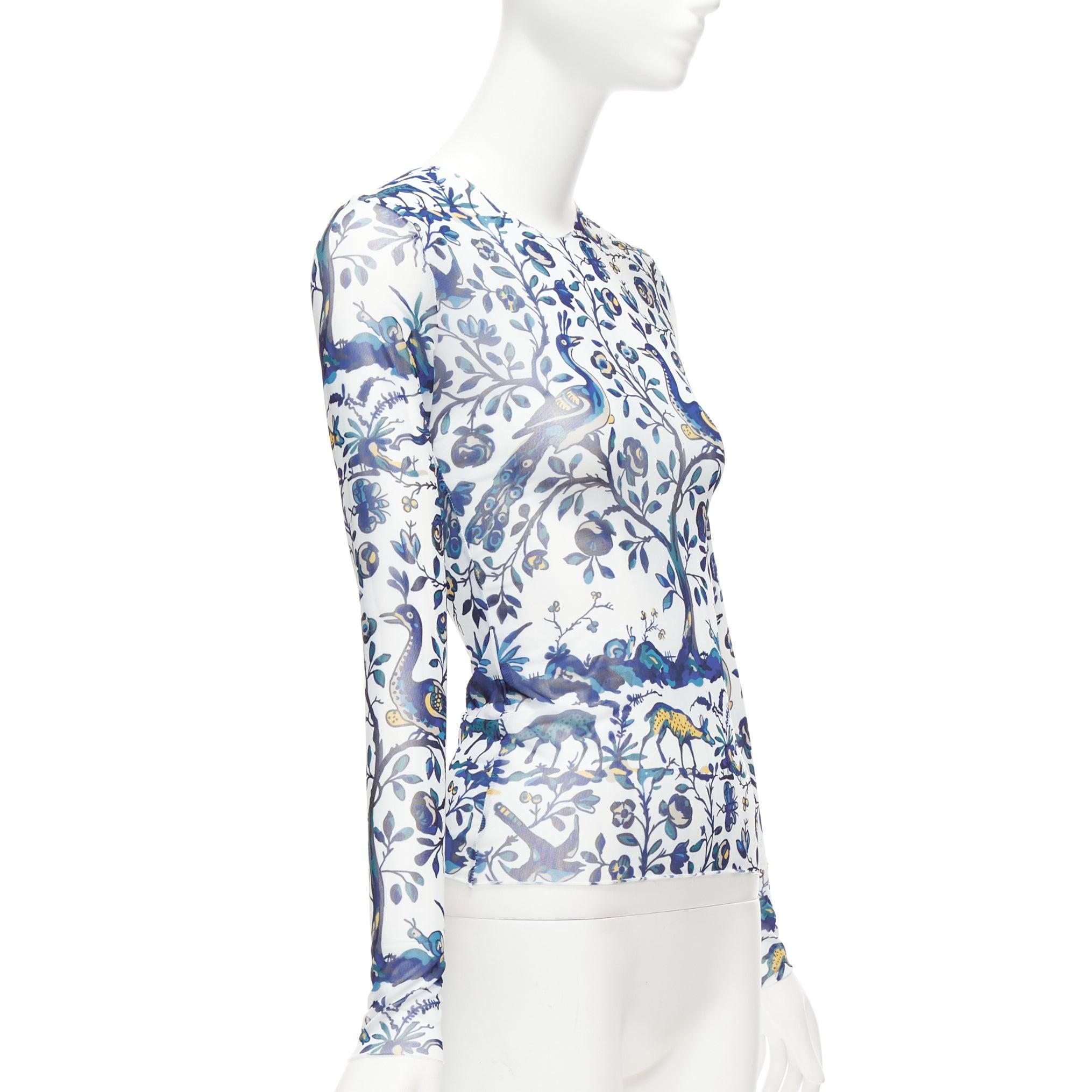 Gray MARQUES ALMEIDA blue white animal floral print mesh long sleeve top XS For Sale