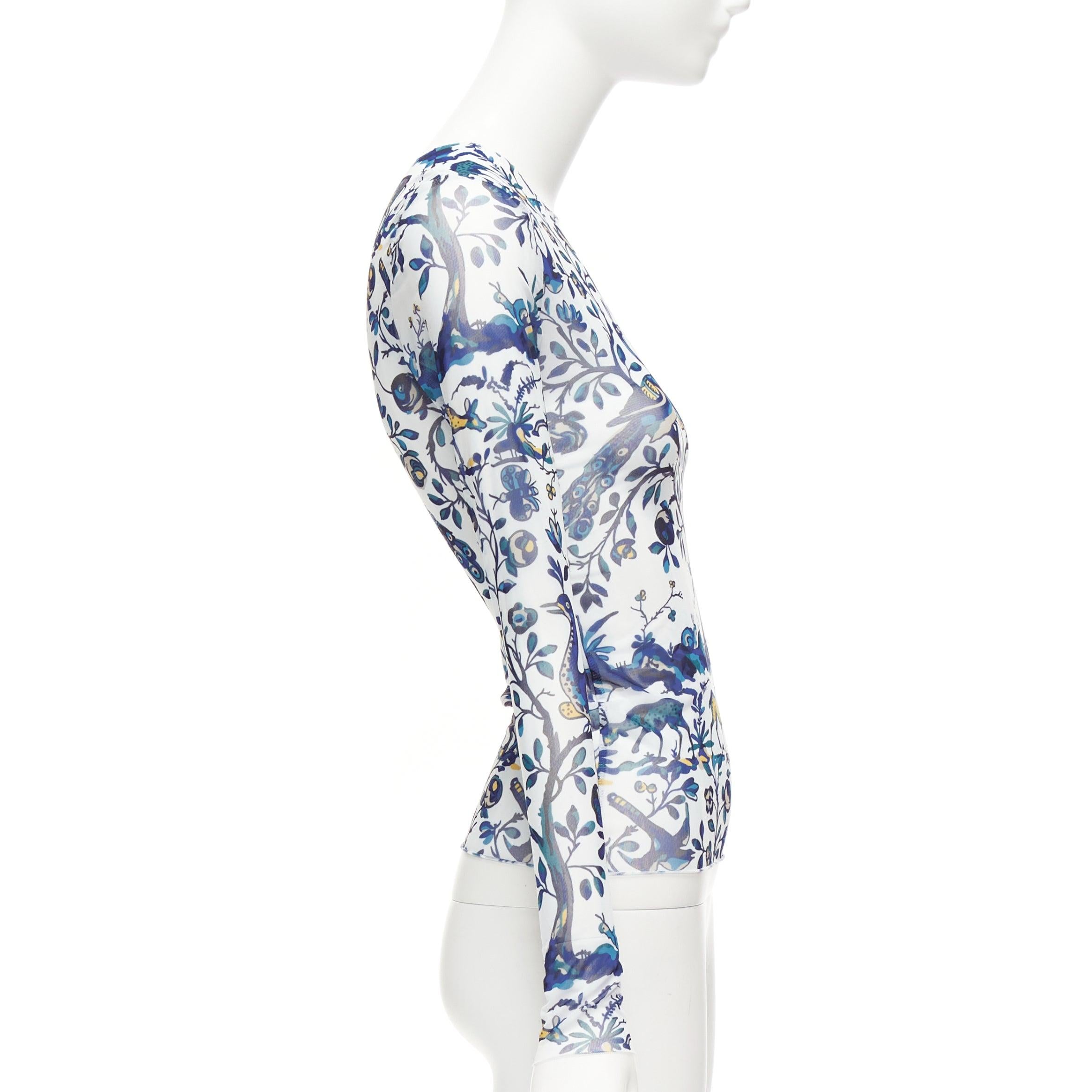 MARQUES ALMEIDA blue white animal floral print mesh long sleeve top XS In Excellent Condition For Sale In Hong Kong, NT