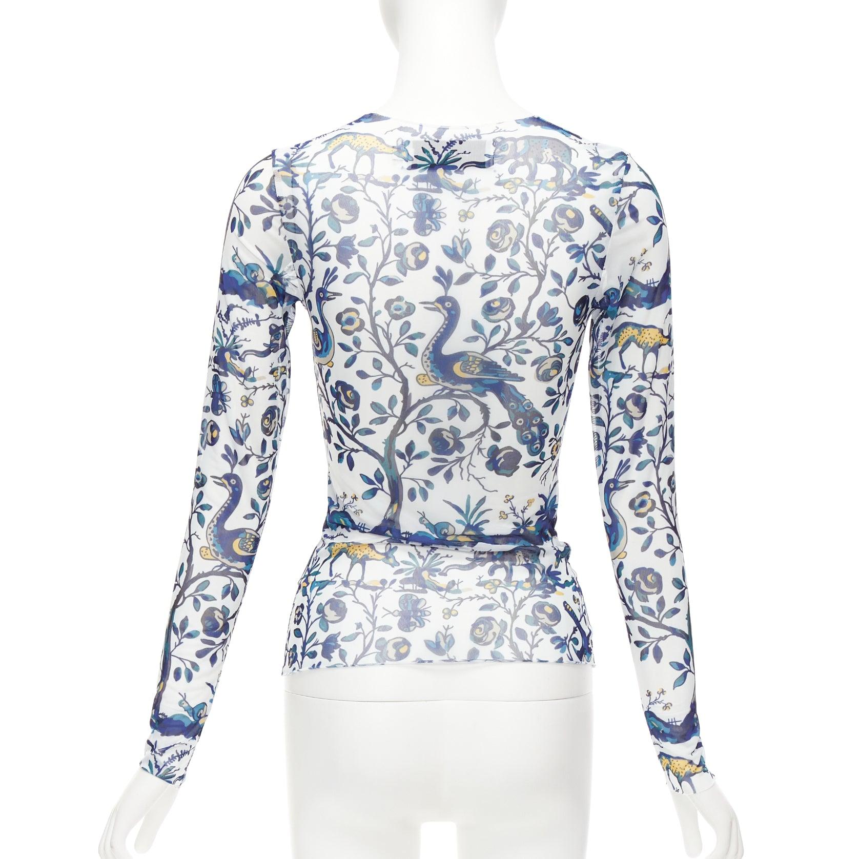 Women's MARQUES ALMEIDA blue white animal floral print mesh long sleeve top XS For Sale