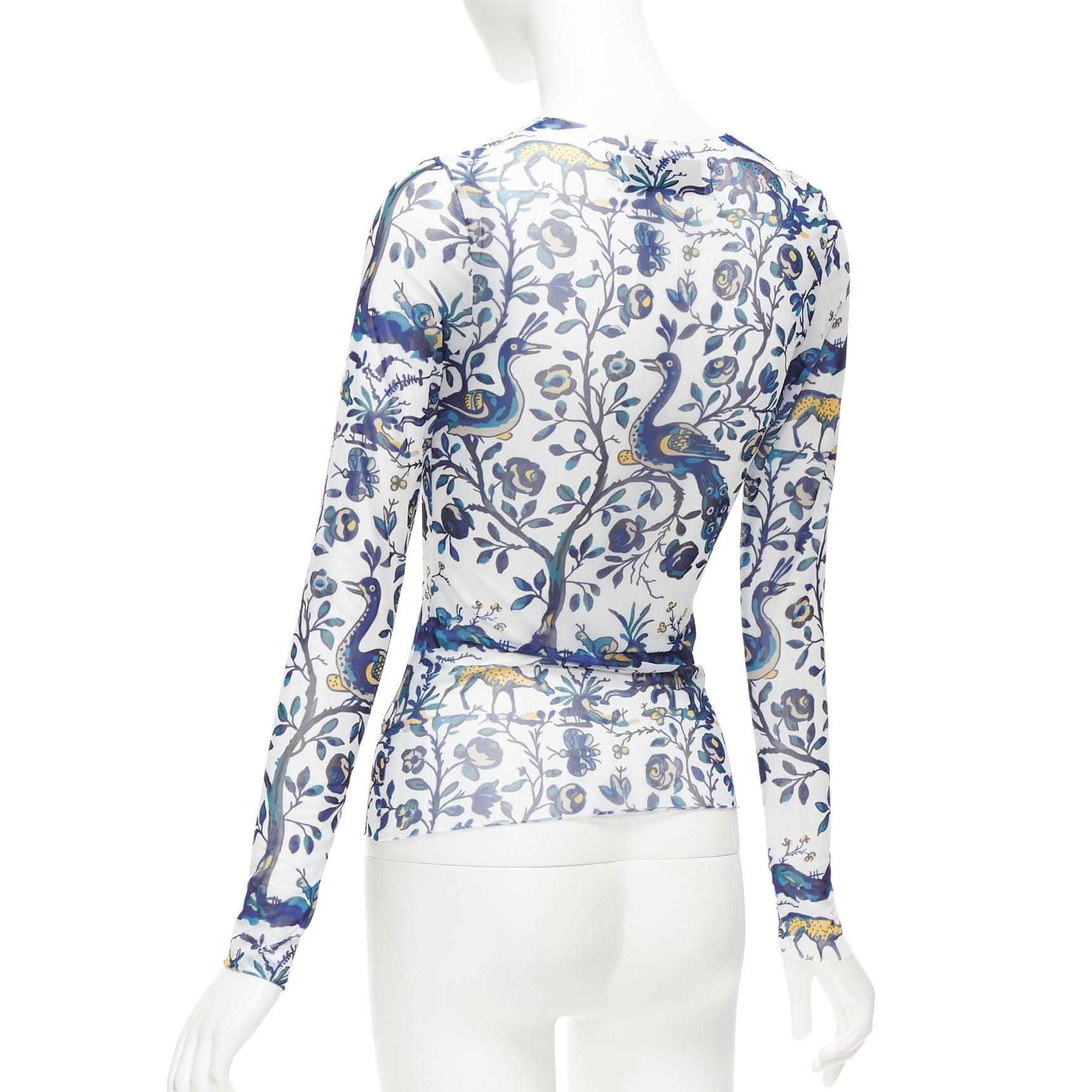 MARQUES ALMEIDA blue white animal floral print mesh long sleeve top XS For Sale 1