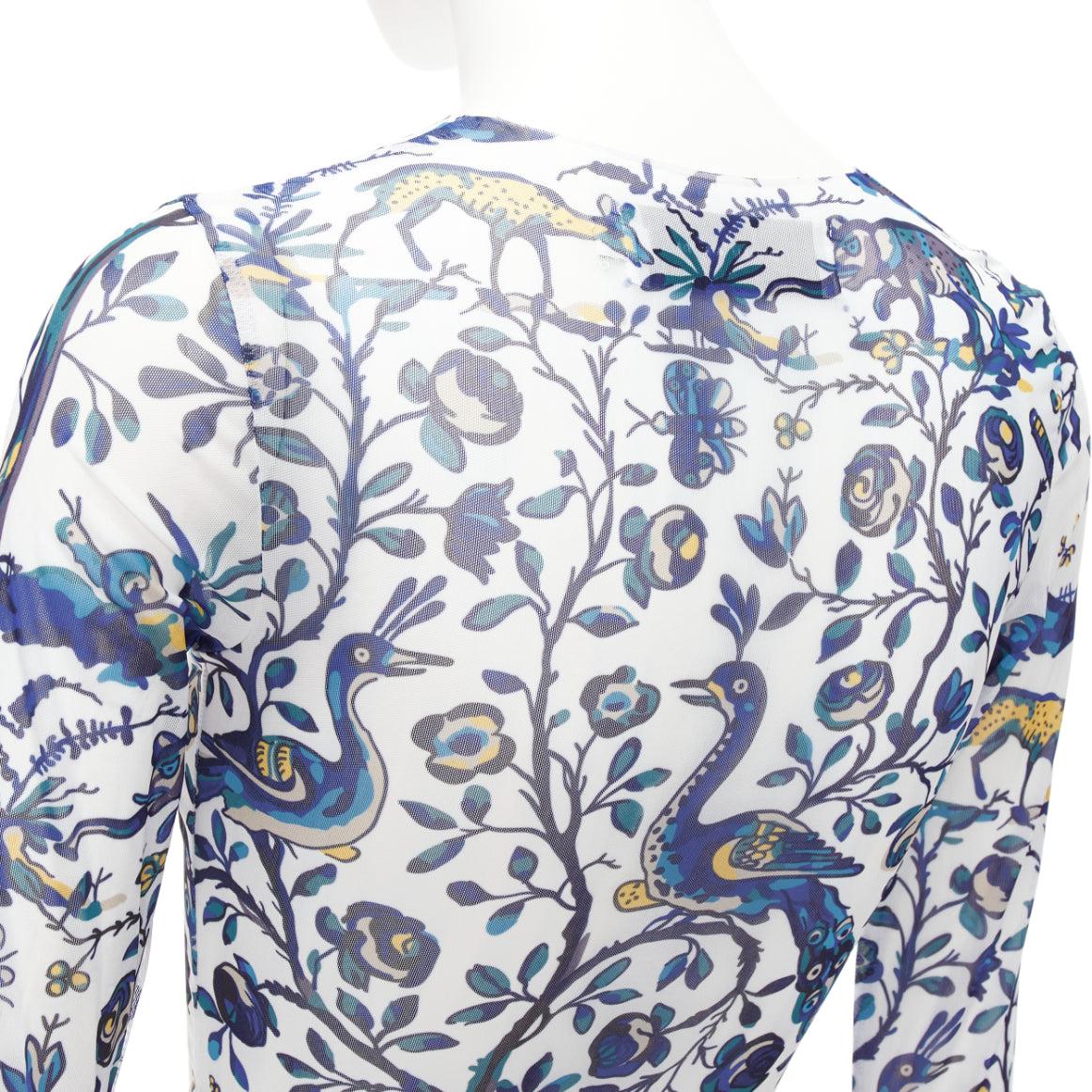 MARQUES ALMEIDA blue white animal floral print mesh long sleeve top XS For Sale 2