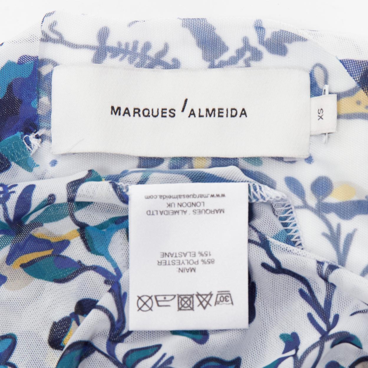 MARQUES ALMEIDA blue white animal floral print mesh long sleeve top XS For Sale 3