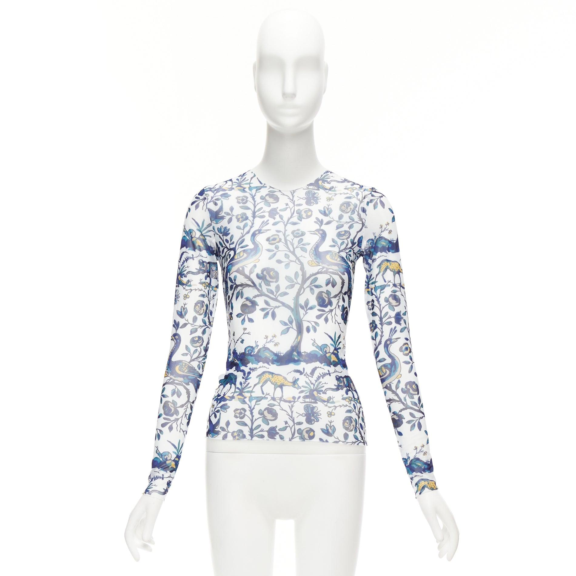 MARQUES ALMEIDA blue white animal floral print mesh long sleeve top XS For Sale 4