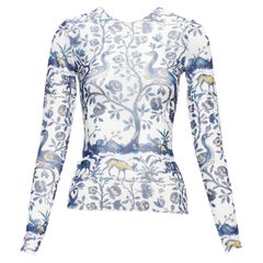 MARQUES ALMEIDA blue white animal floral print mesh long sleeve top XS