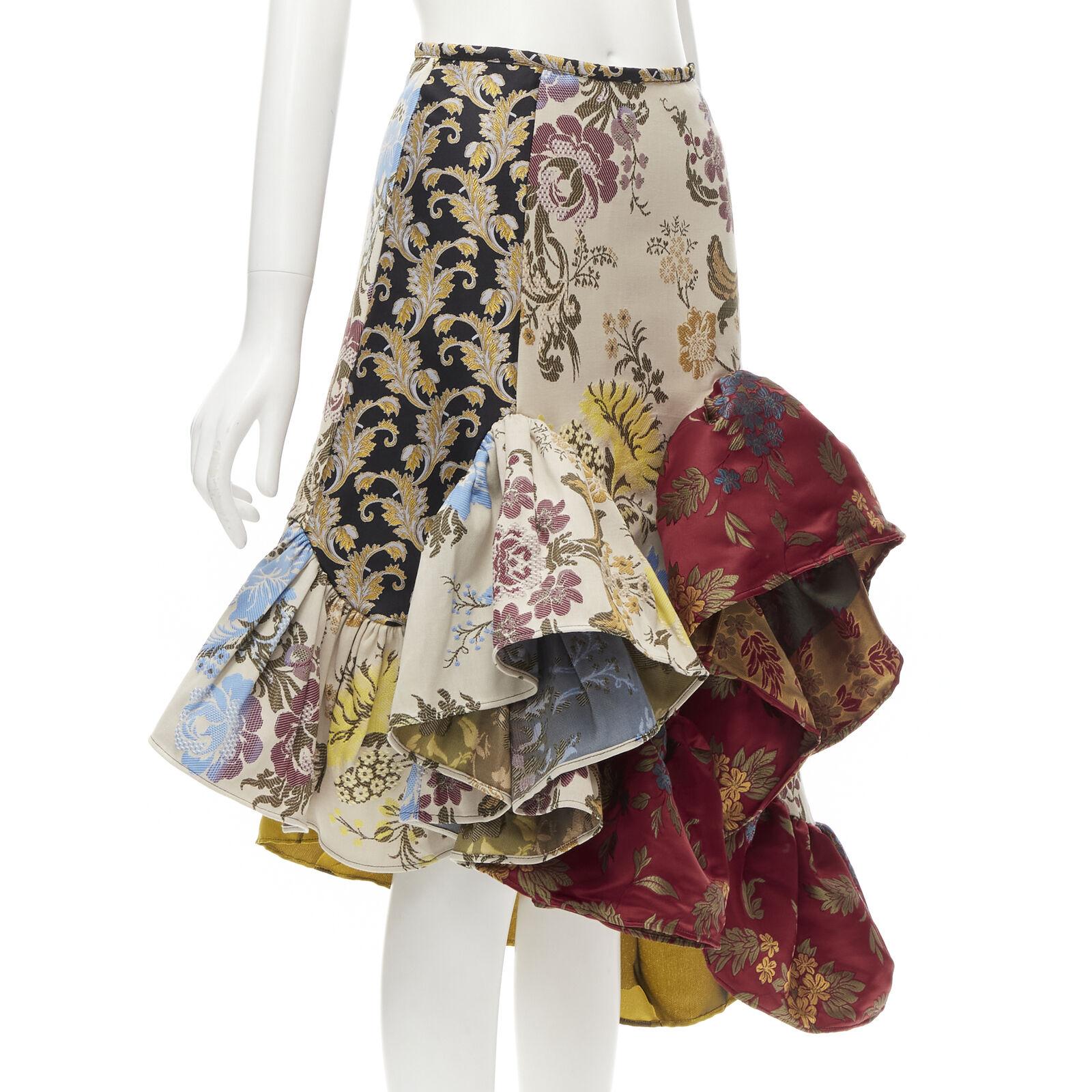 MARQUES ALMEIDA Sostén de red Remade 2020 patchwork brocado falda con volantes UK6 XS Marrón