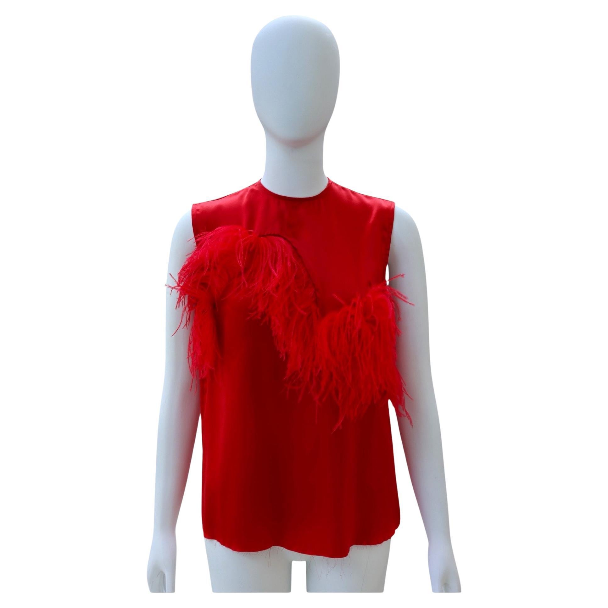 Marques Almeida - Red Silk Blouse with Feather Detailing For Sale