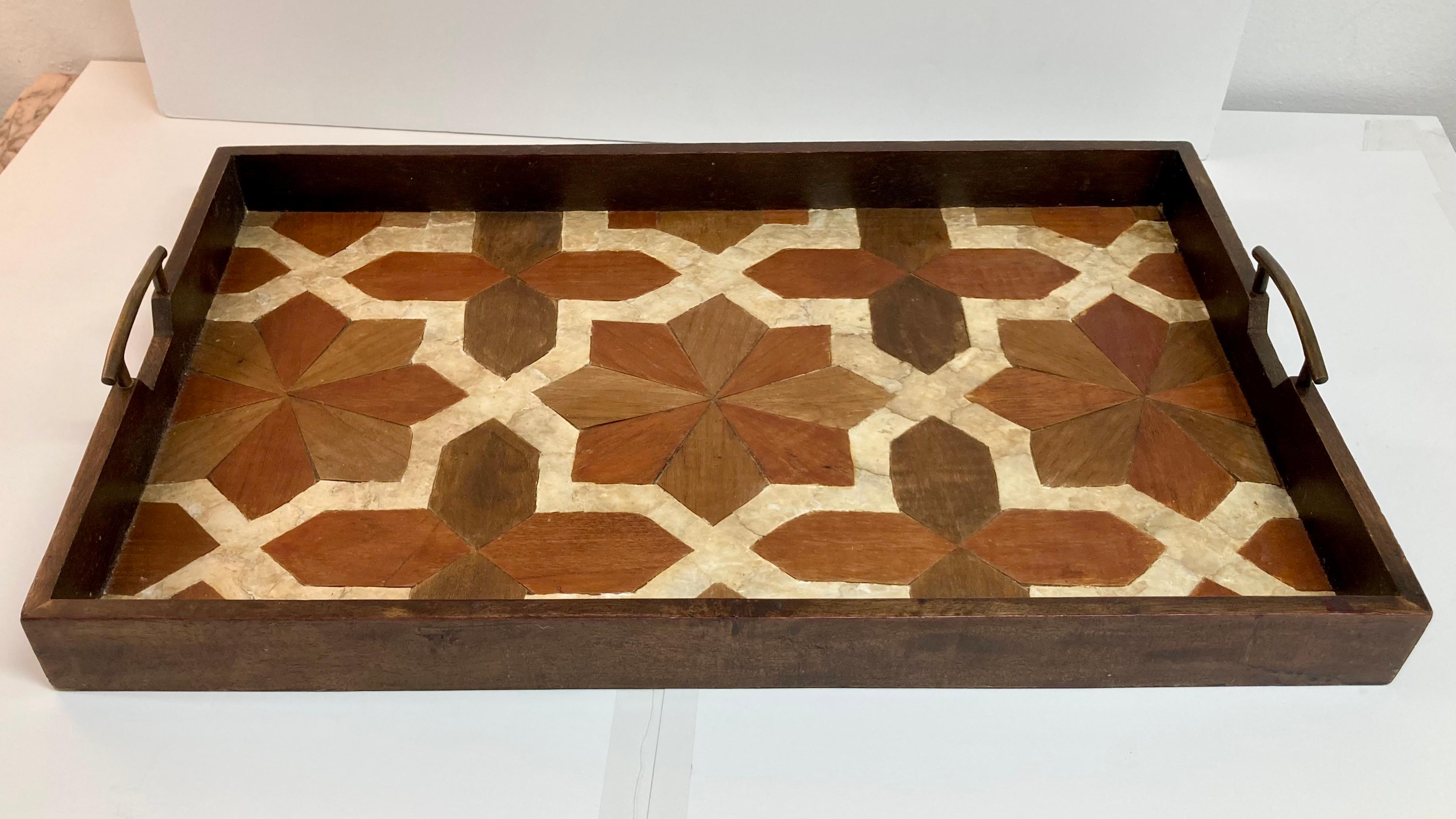 Beautiful marquetry and Mother-of-Pearl large tray. Nice large scale so yo can easily stack coffee table books too! Gorgeous pattern and quality French workmanship.