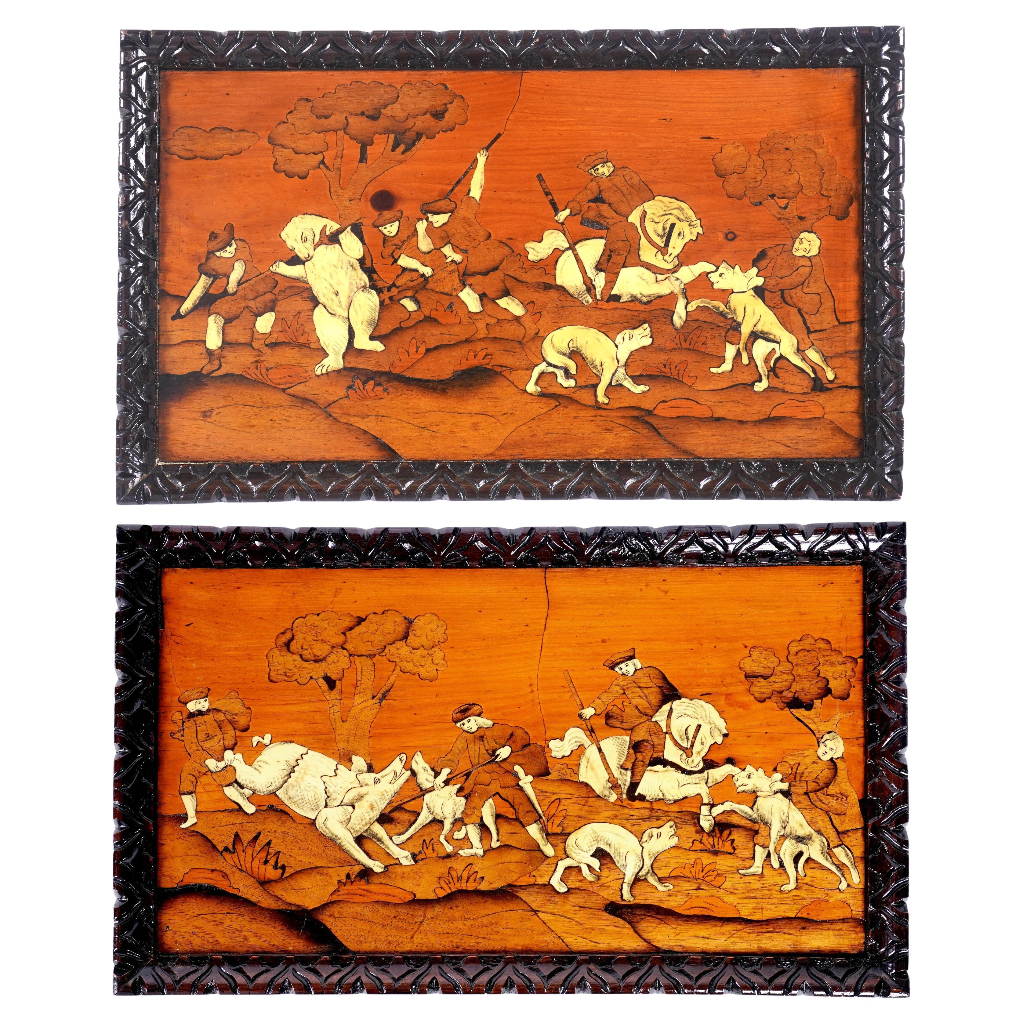 Paire de plaques de chasse en marqueterie et incrustation d
os